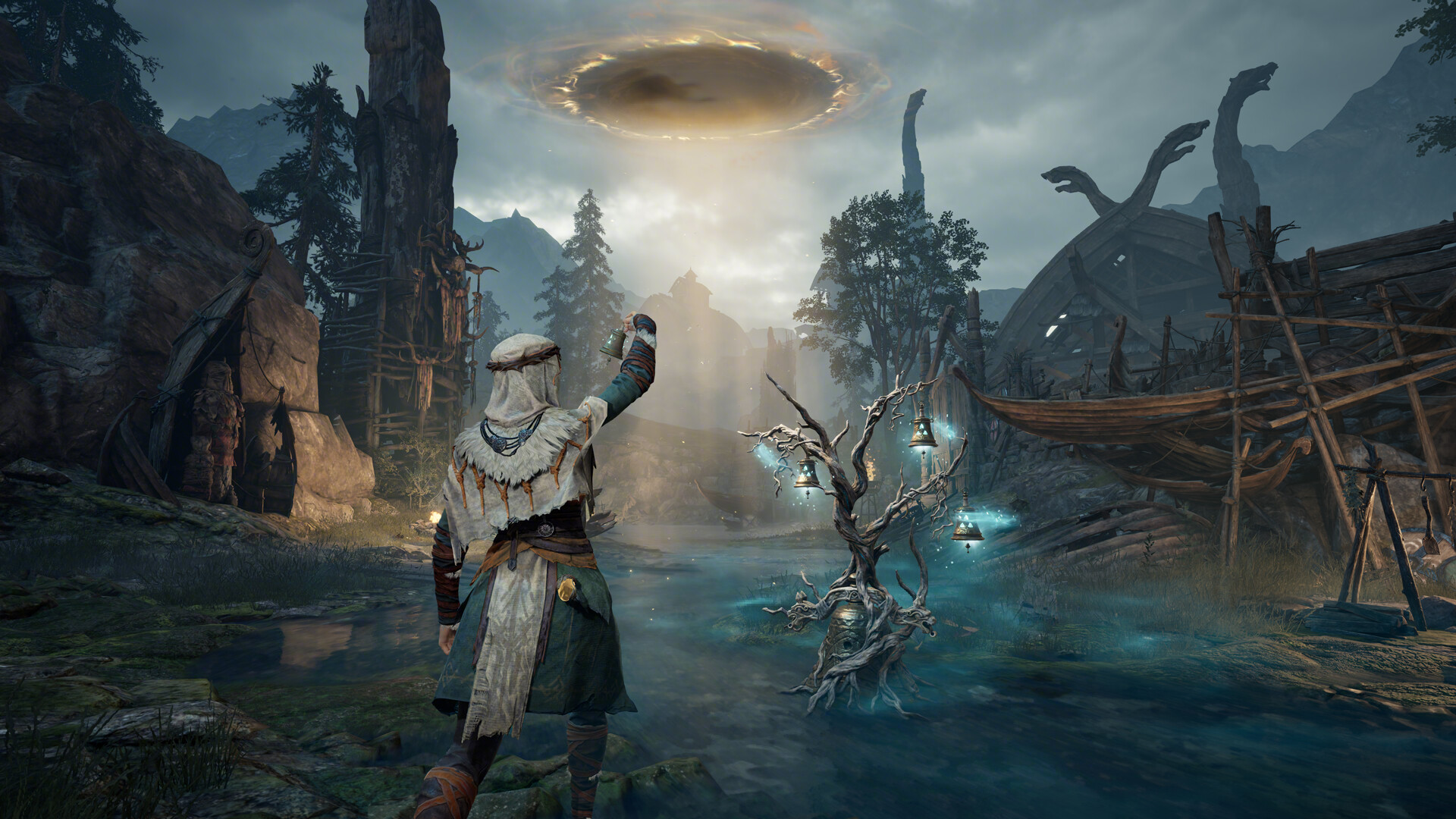 Mistfall Hunter player ringing a bell at an extraction point in Windrest