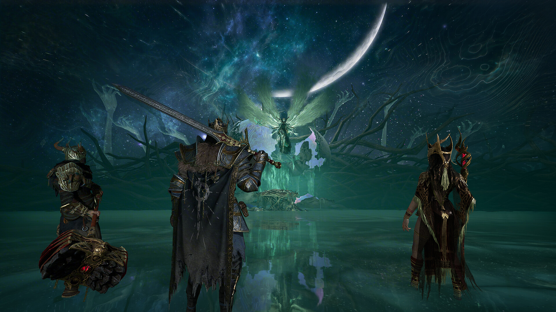 Mistfall Hunter three player squad facing a winged boss under the moon