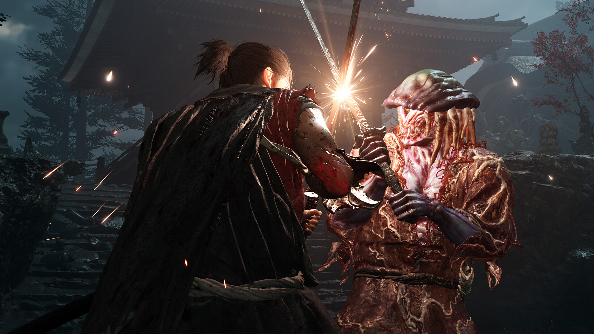 Miyamoto Musashi clashing swords with a Genma demon in Onimusha Way of the Sword
