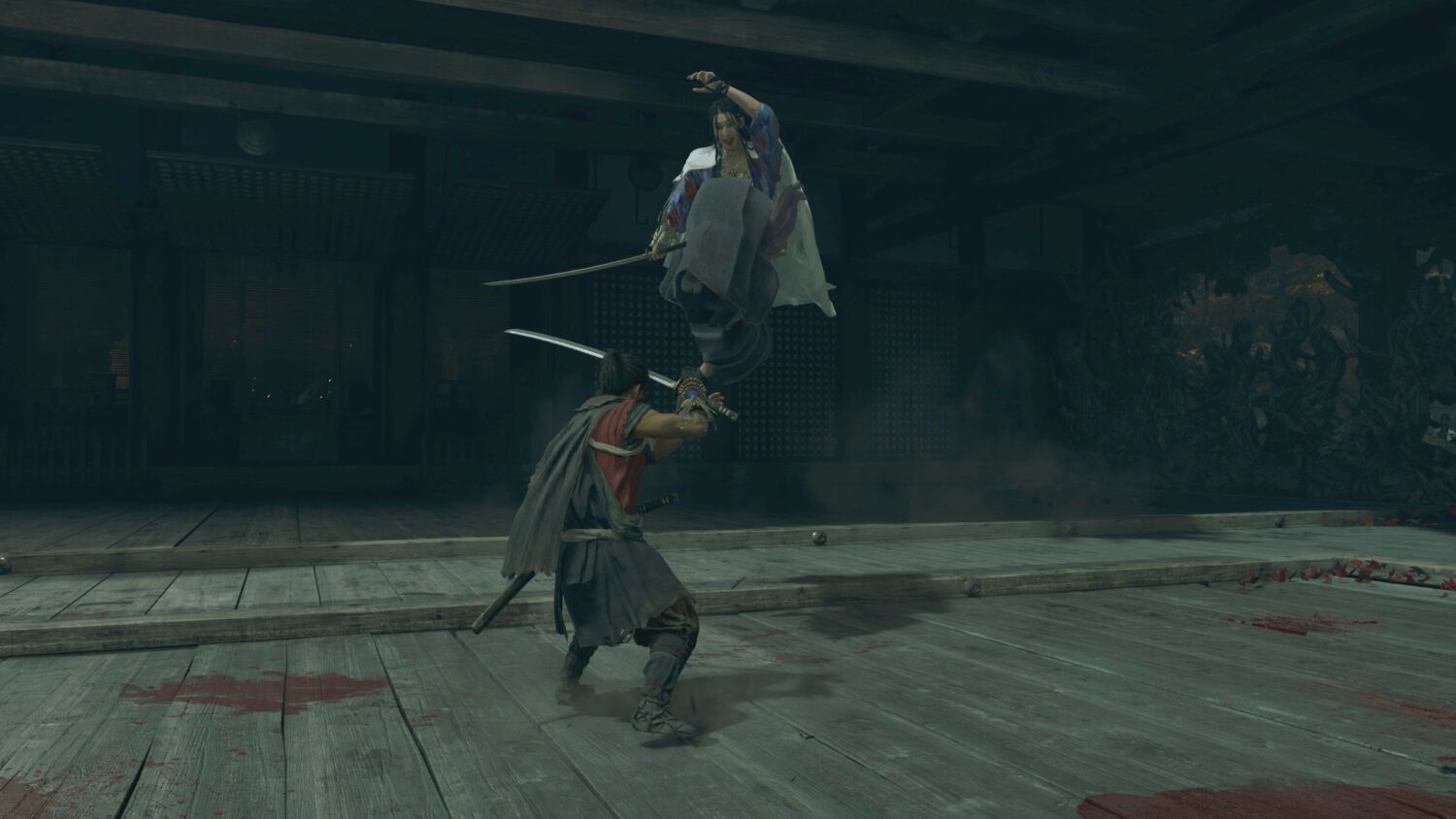 Miyamoto Musashi facing a leaping enemy during a temple duel in Onimusha Way of the Sword