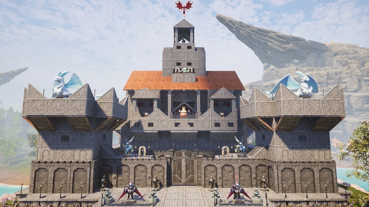 Palworld player-built castle base with dragon Pals and floating sky islands
