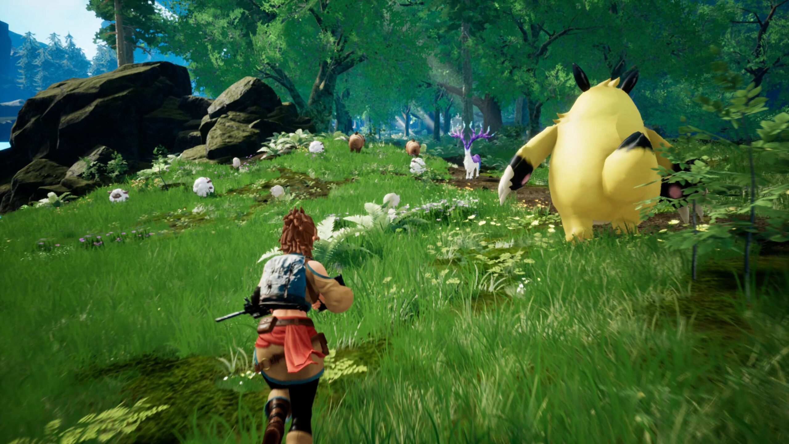Palworld gameplay showing a player approaching wild Pals in a forest