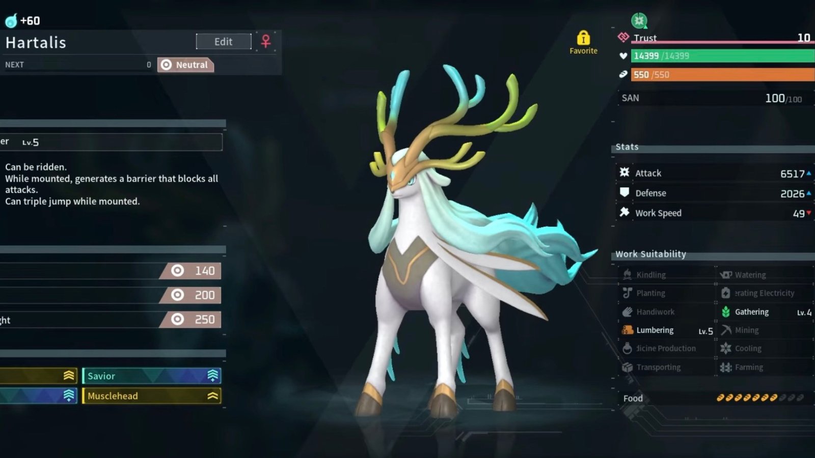 Hartalis, new Palworld 1.0 legendary Pal, stat screen with partner skill