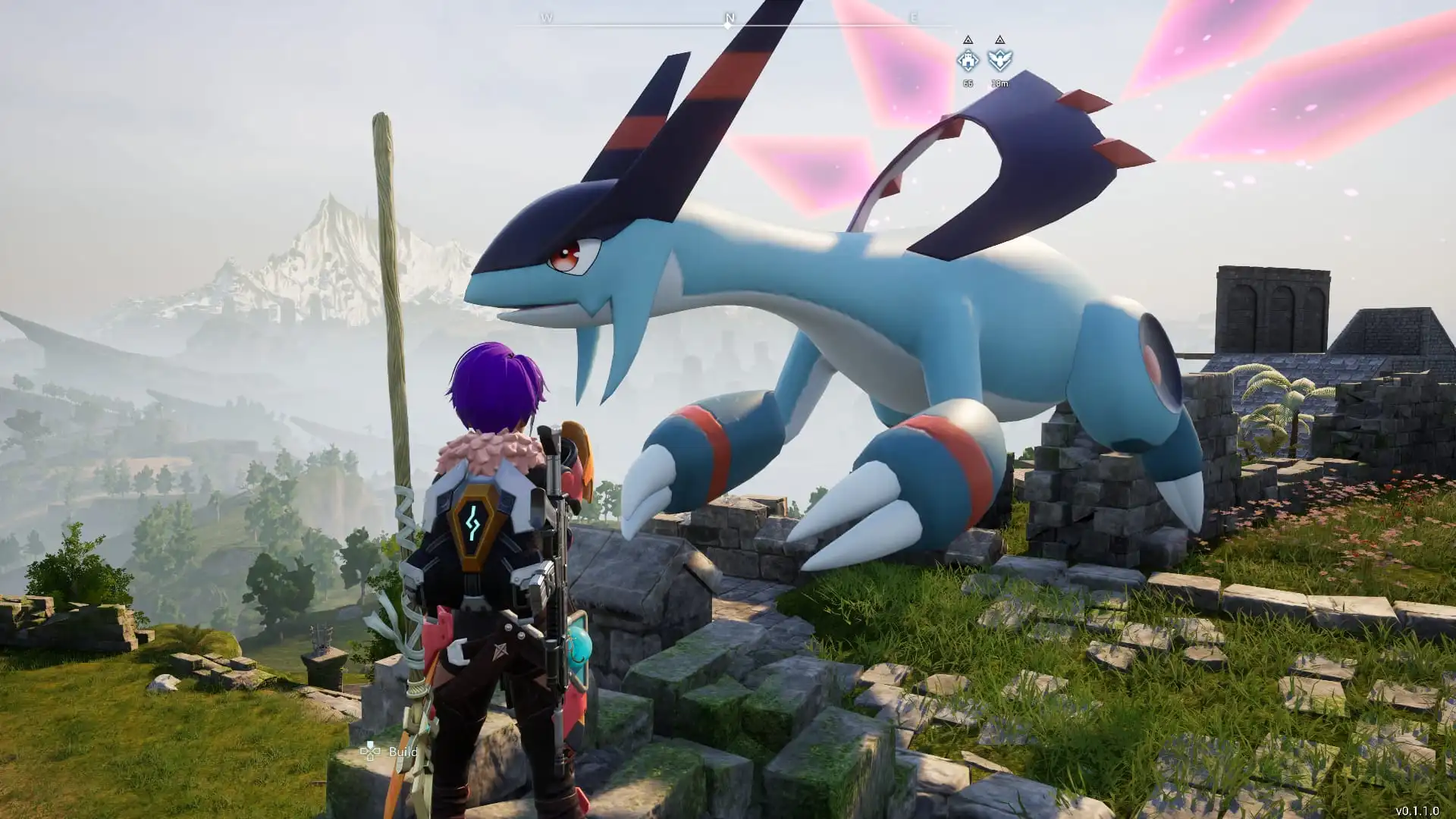 Jetragon, the fastest flying mount in Palworld, perched on ruins