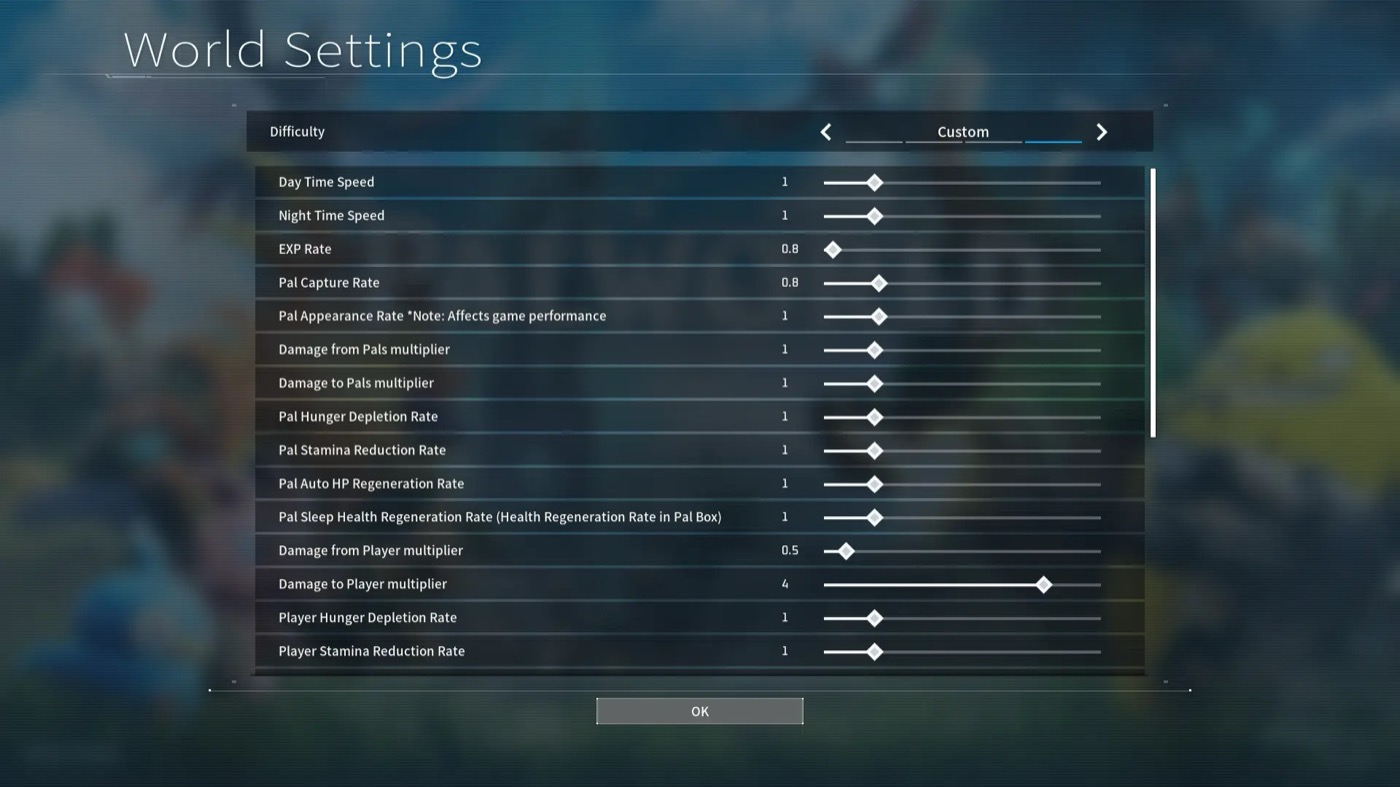 Palworld World Settings screen with Difficulty set to Custom showing EXP rate, capture rate, and damage sliders