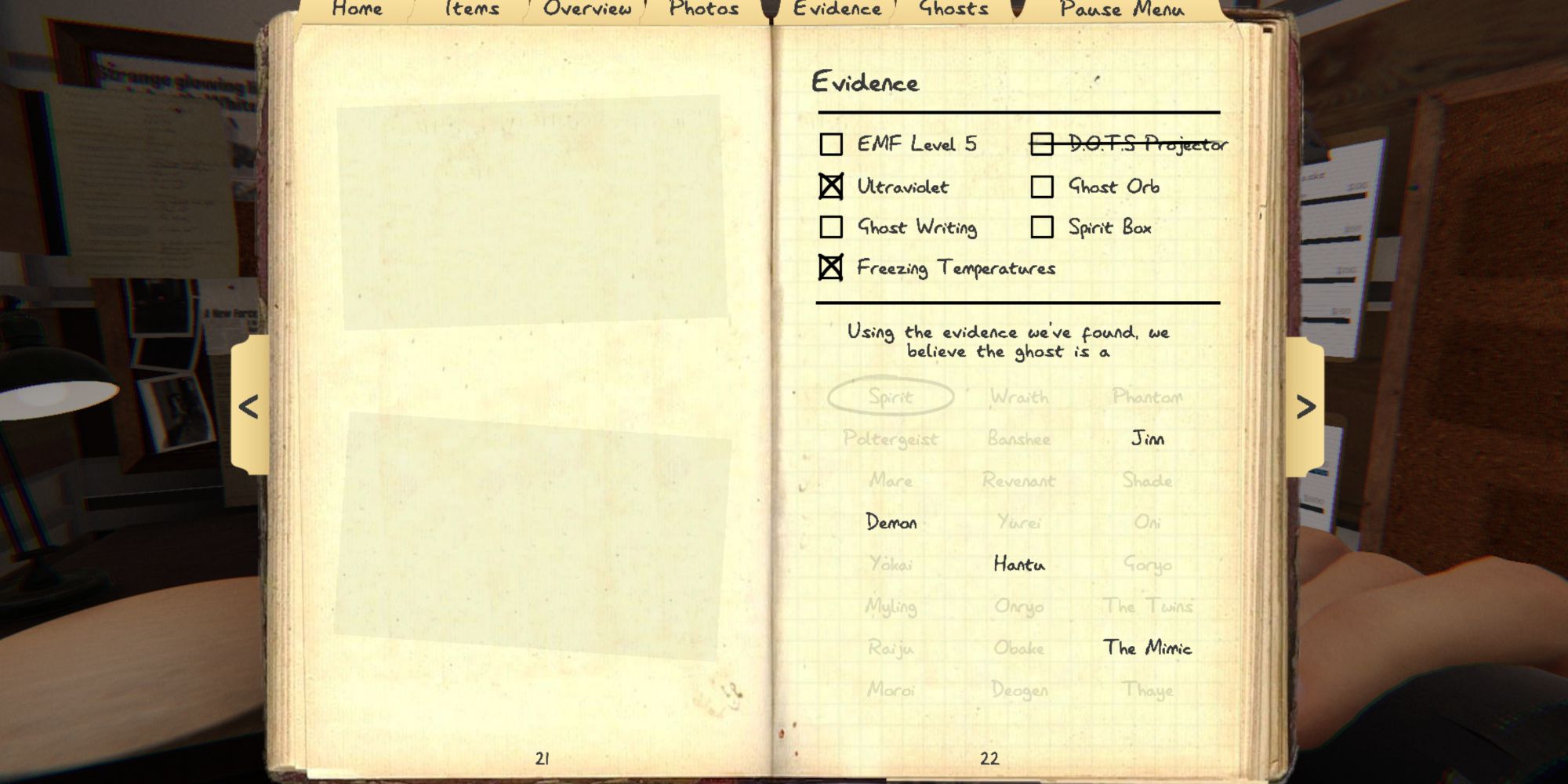 Phasmophobia in-game journal showing the seven evidence types and ghost list