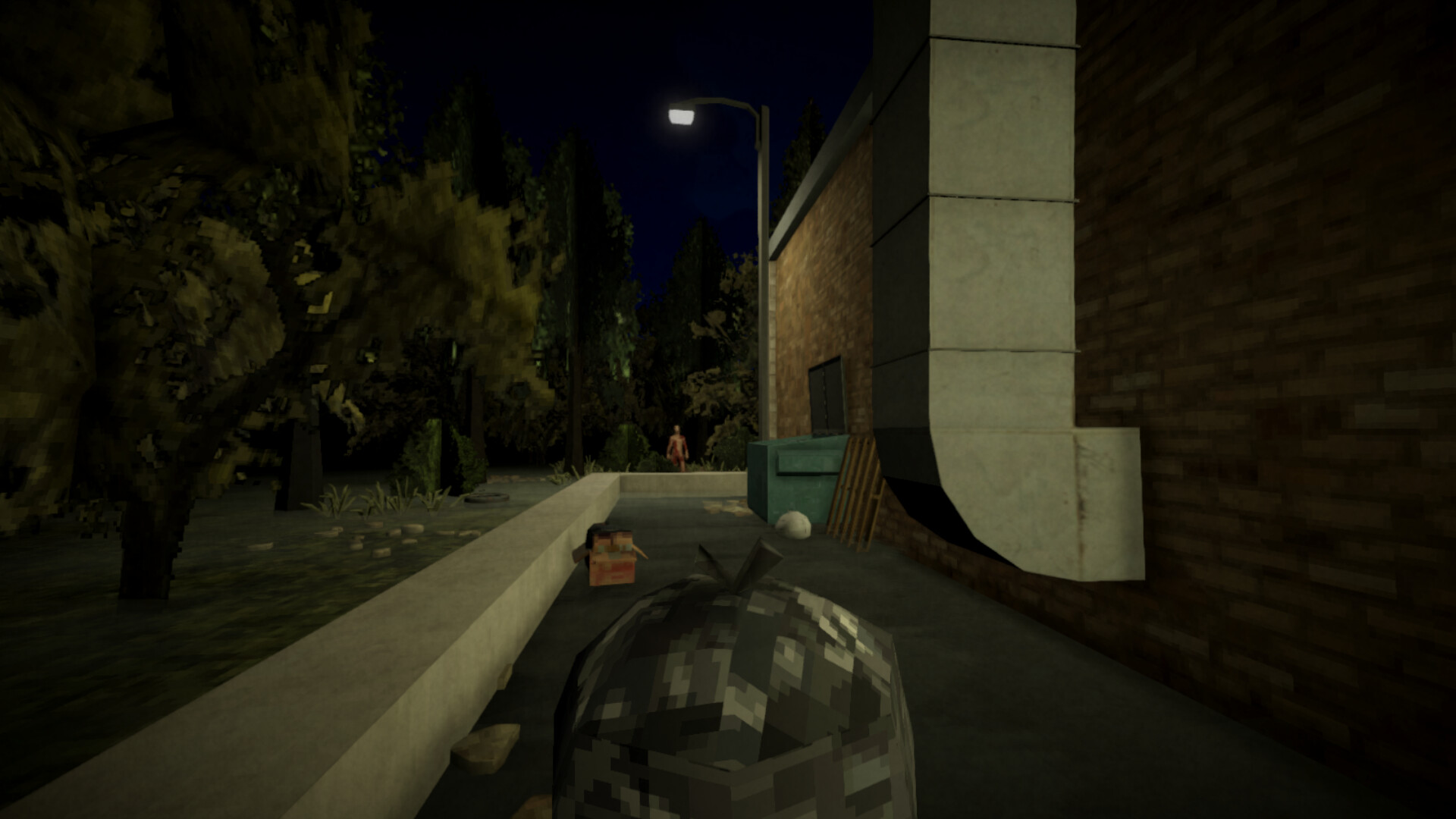 Shift At Midnight dark alley behind the gas station with a distant figure watching at night