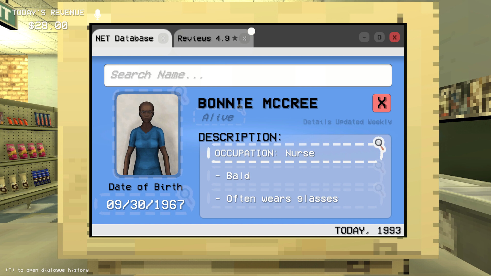 Shift At Midnight NET Database computer profile showing a customer's date of birth, occupation, and description