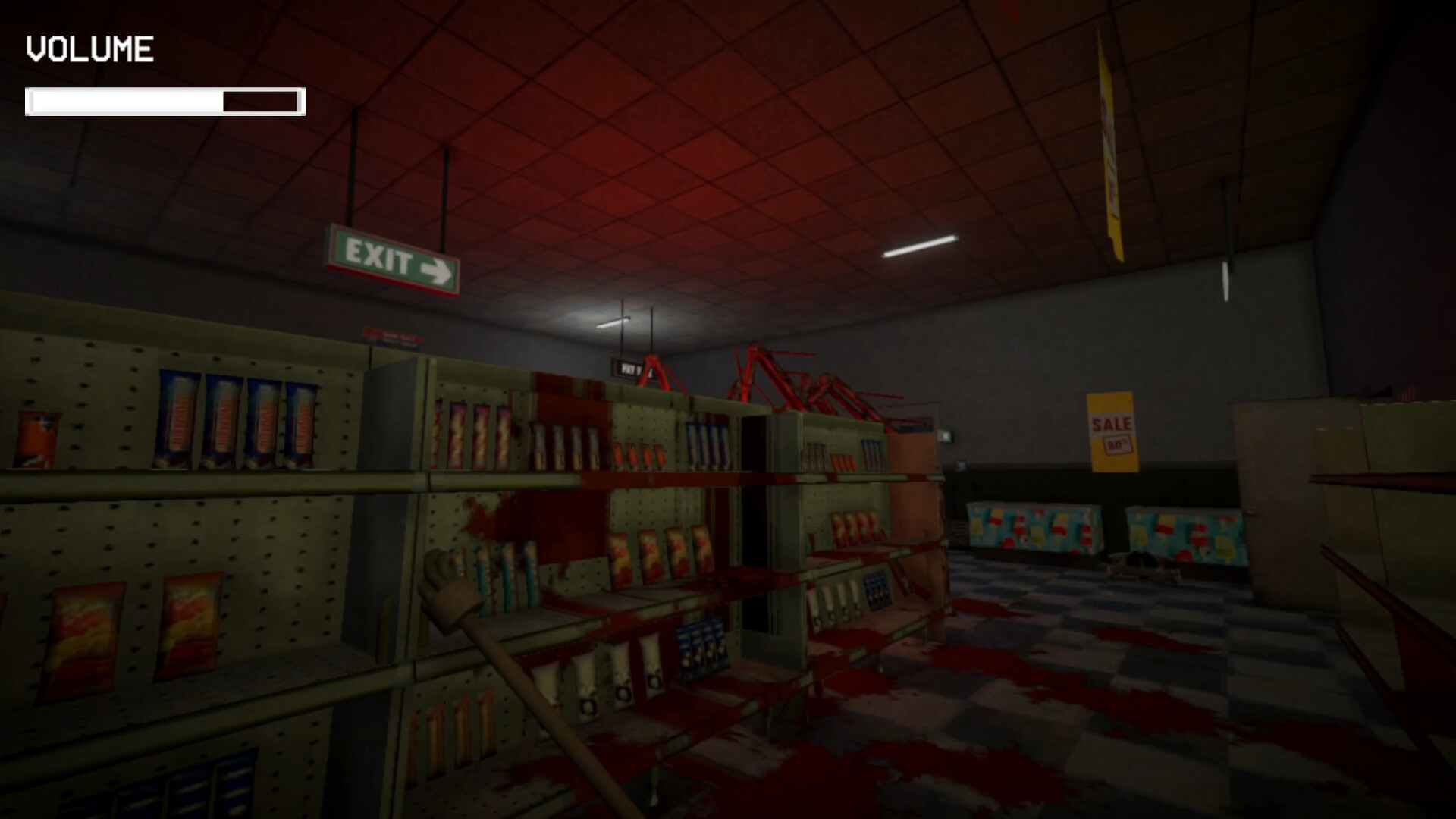Shift At Midnight store aisles covered in blood after a missed doppelganger attack