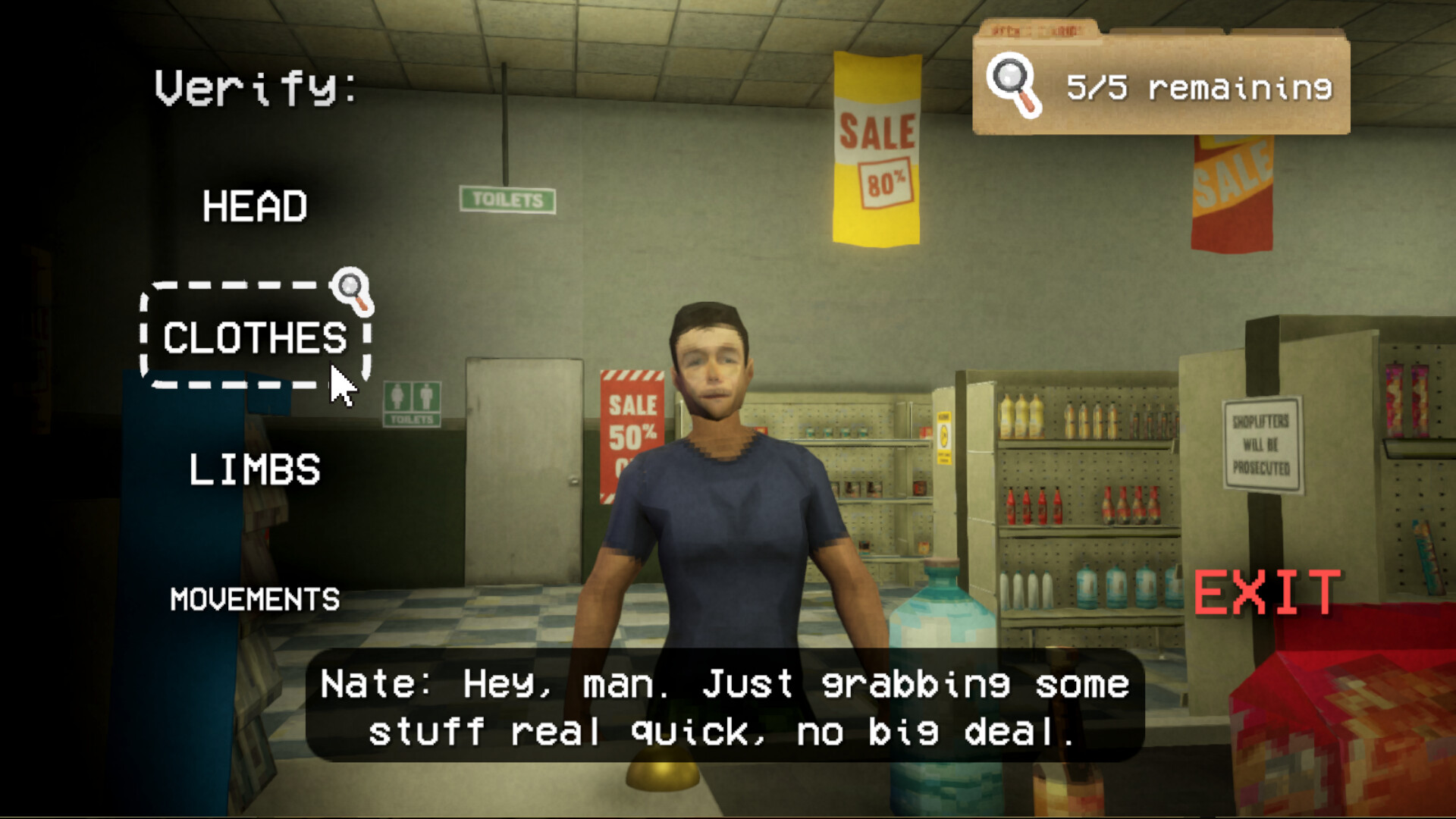 Shift At Midnight Verify menu with Head, Clothes, Limbs, and Movements checks on a customer