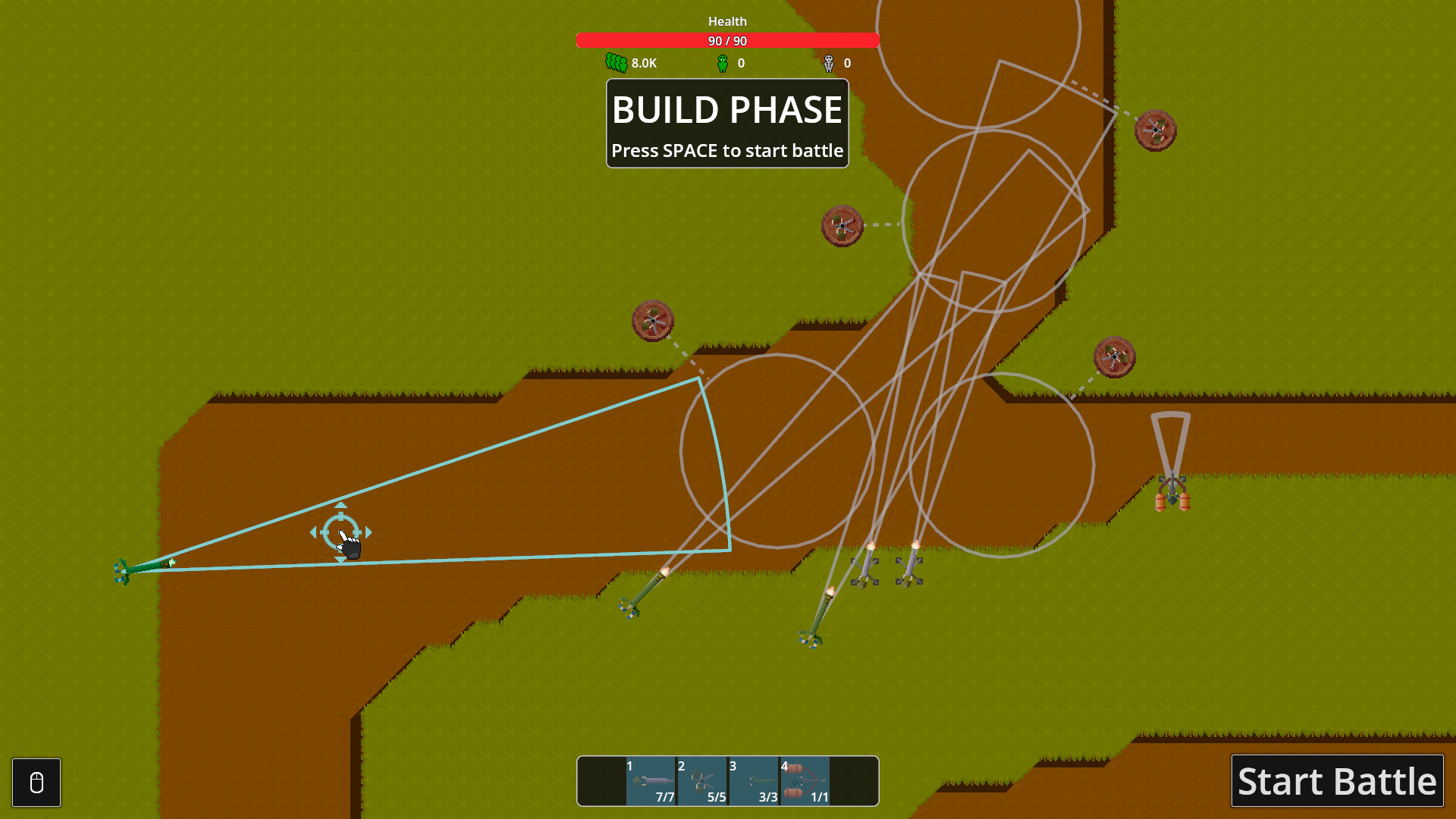 Build phase in Sir We Have an Orc Problem showing turret sweep arcs and firing angles