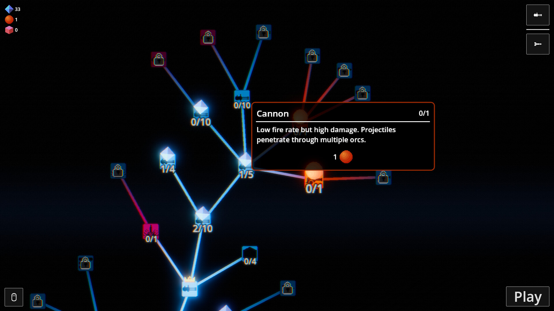 Cannon tooltip in the Sir We Have an Orc Problem upgrade tree describing penetrating projectiles