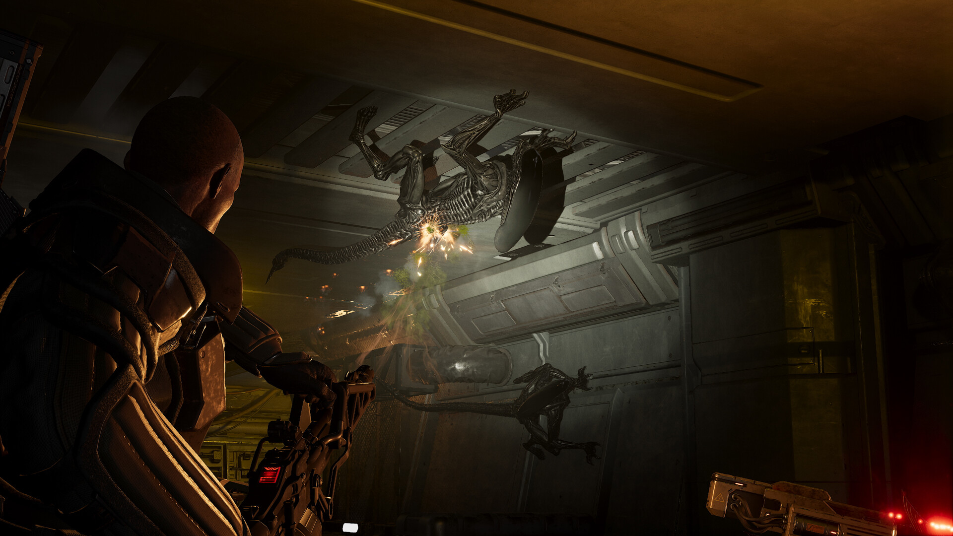 Aliens Fireteam Elite 2 xenomorph crawling across a ceiling near vent openings