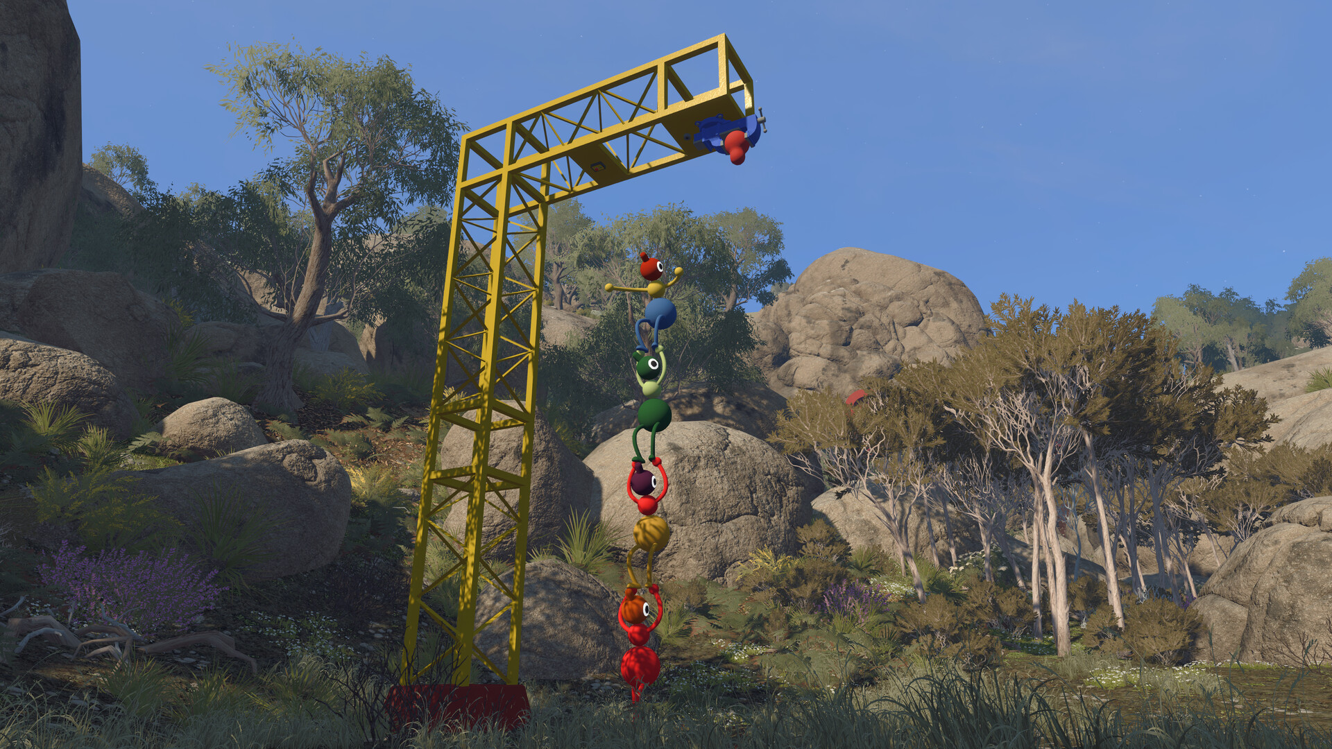 Big Walk players stacked on top of each other to reach a tower platform