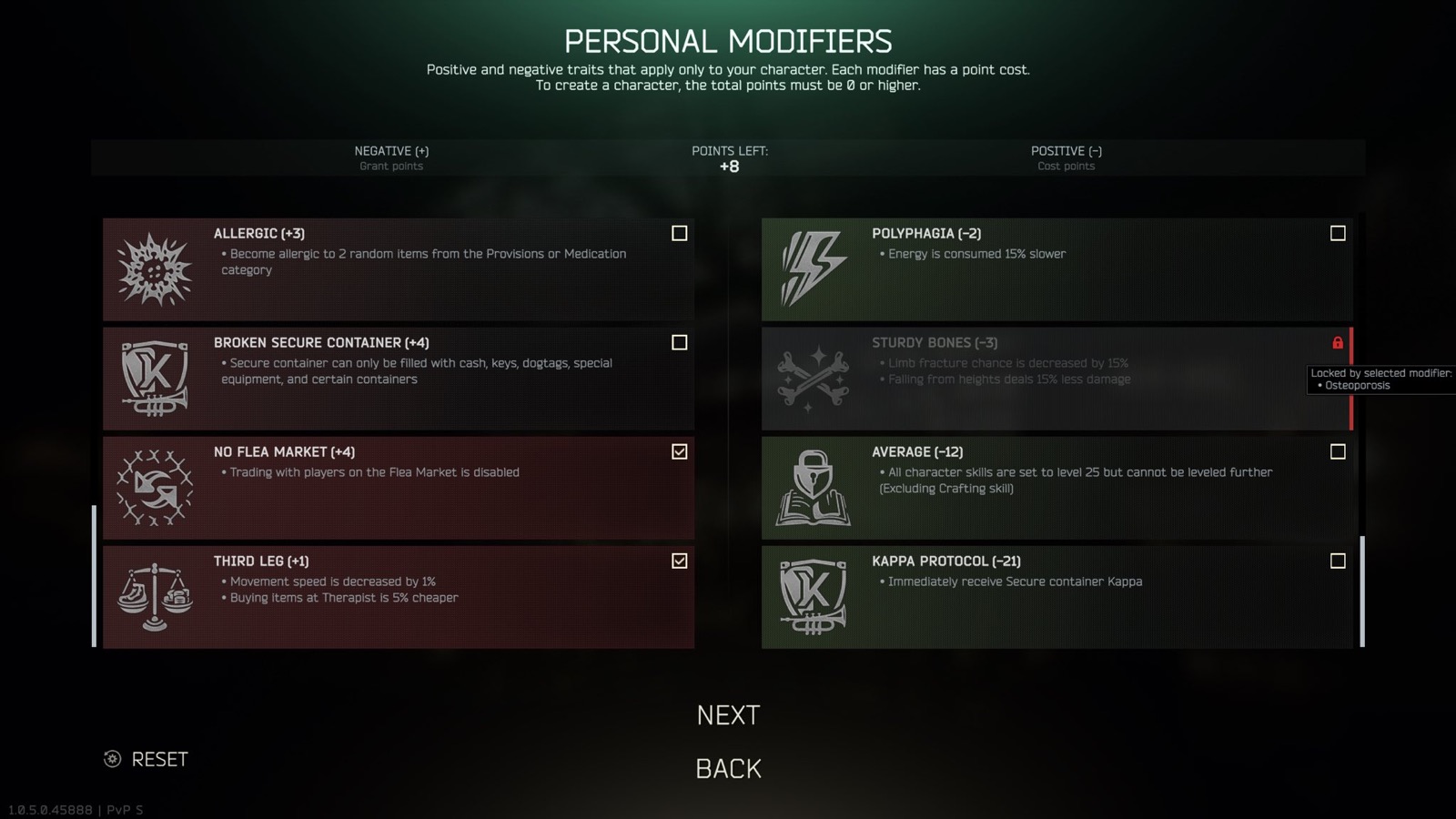 Escape from Tarkov personal modifiers selection screen for a seasonal character