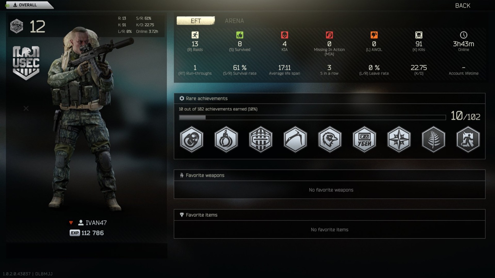 Escape from Tarkov PMC profile screen showing persistent character stats