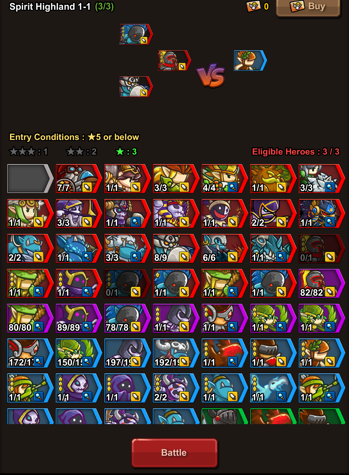 Spirit Highlands stage formation screen in Endless Frontier 2 showing entry conditions and star thresholds
