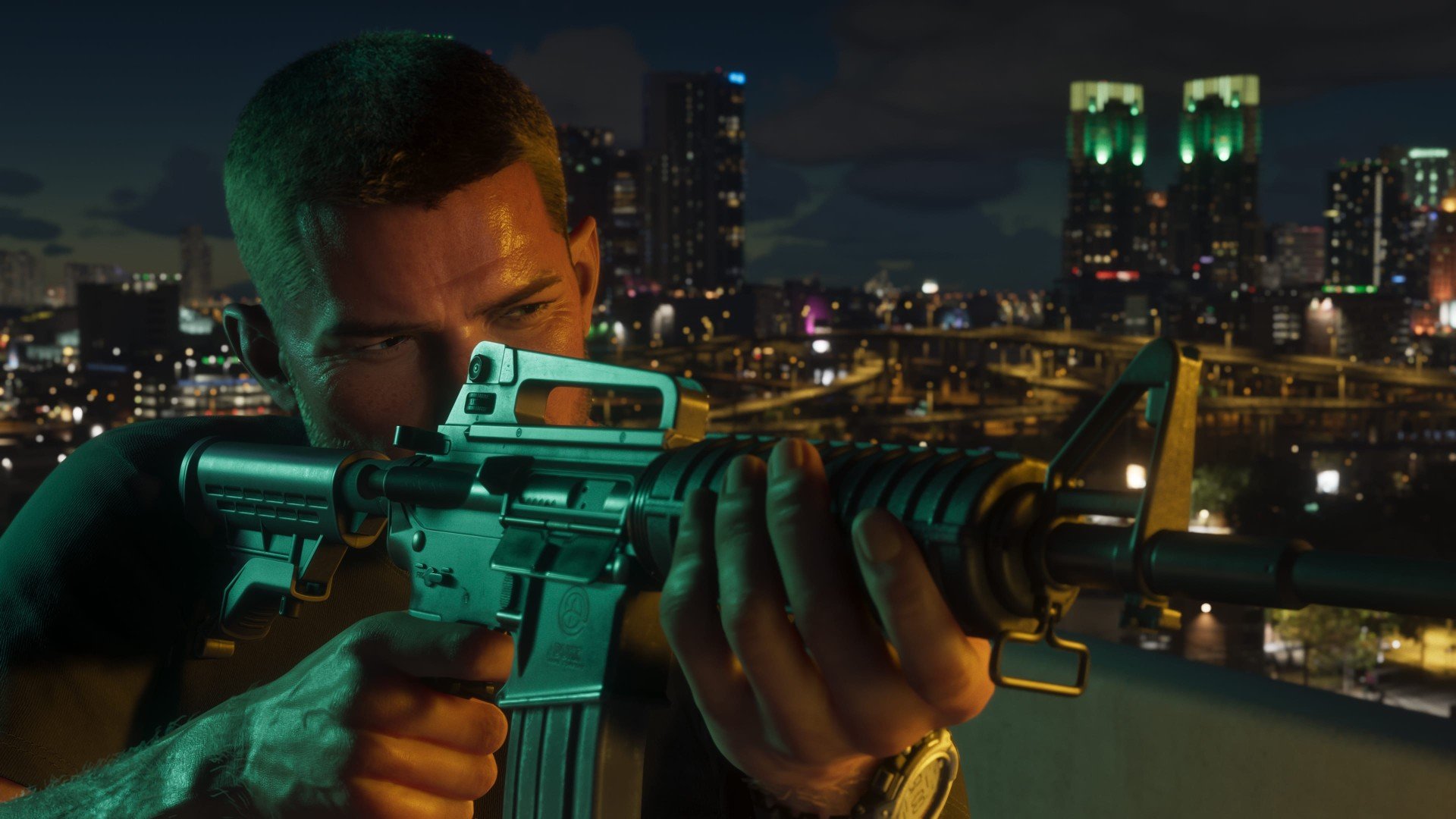 GTA 6 base PS5 gameplay screenshot showing Jason aiming a rifle at night