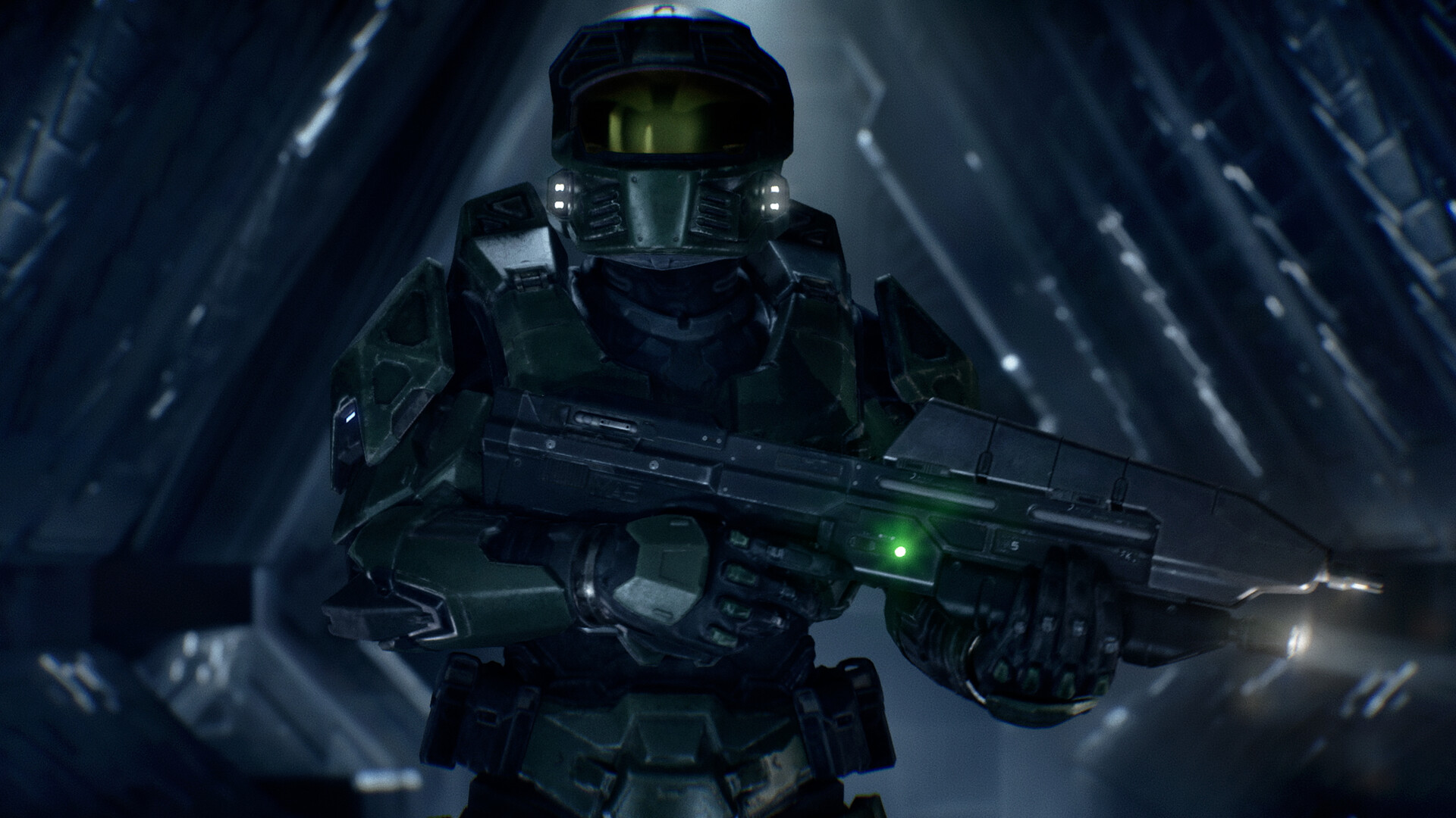 Master Chief holding an assault rifle in Halo: Campaign Evolved, official screenshot