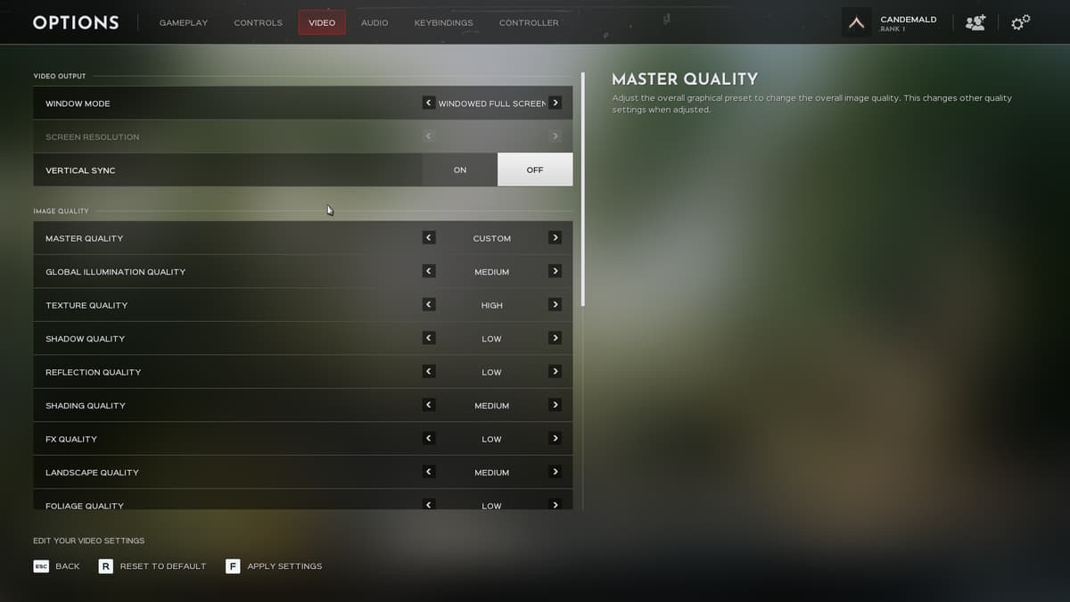 Hell Let Loose Vietnam video settings menu with master quality set to custom