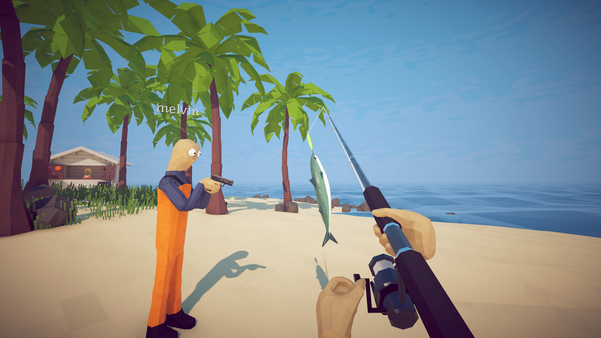 How to Fish player reeling in a fish while a teammate holds a pistol