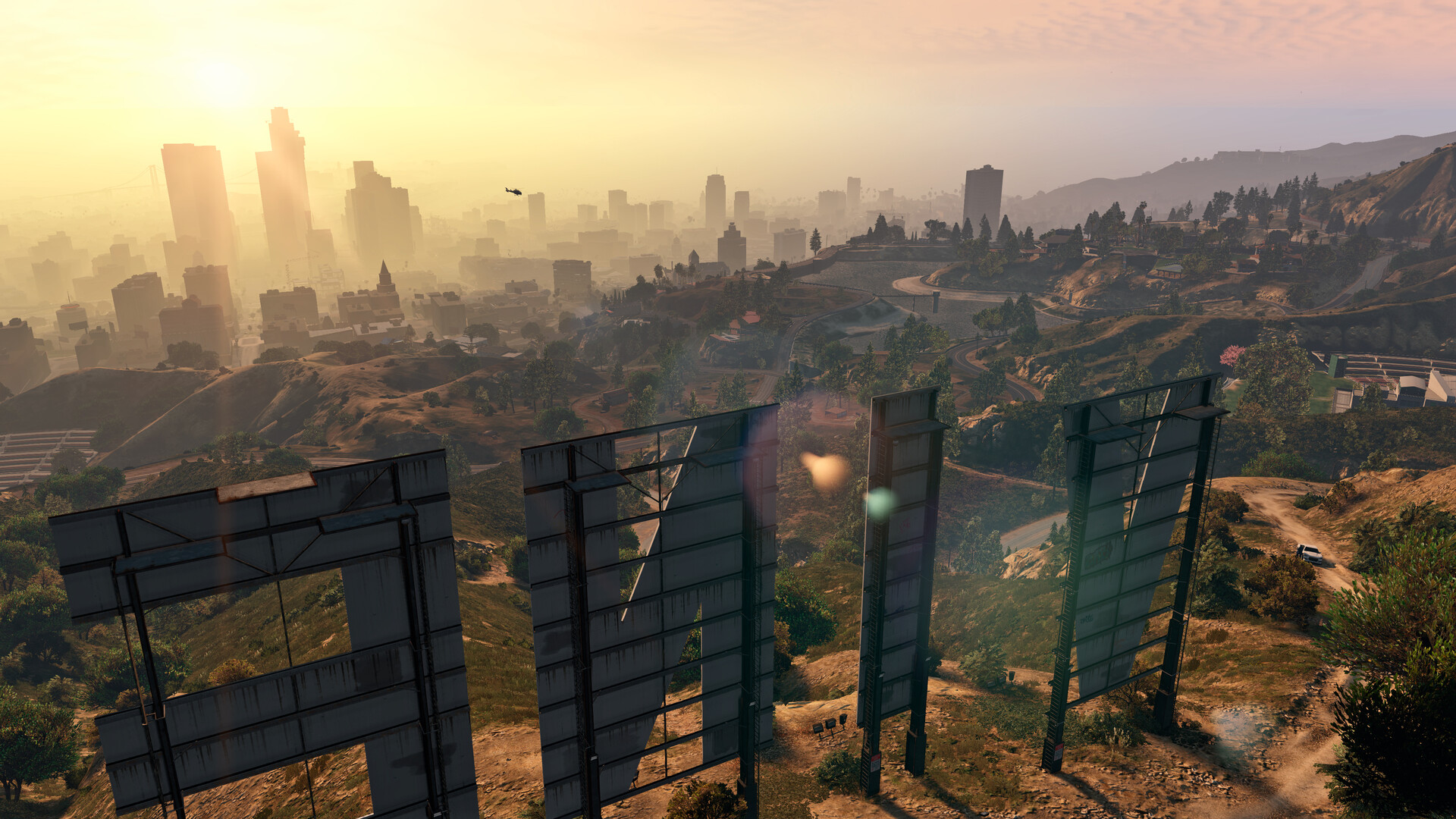 Vinewood sign overlooking Los Santos in GTA V, the shared map for FiveM roleplay
