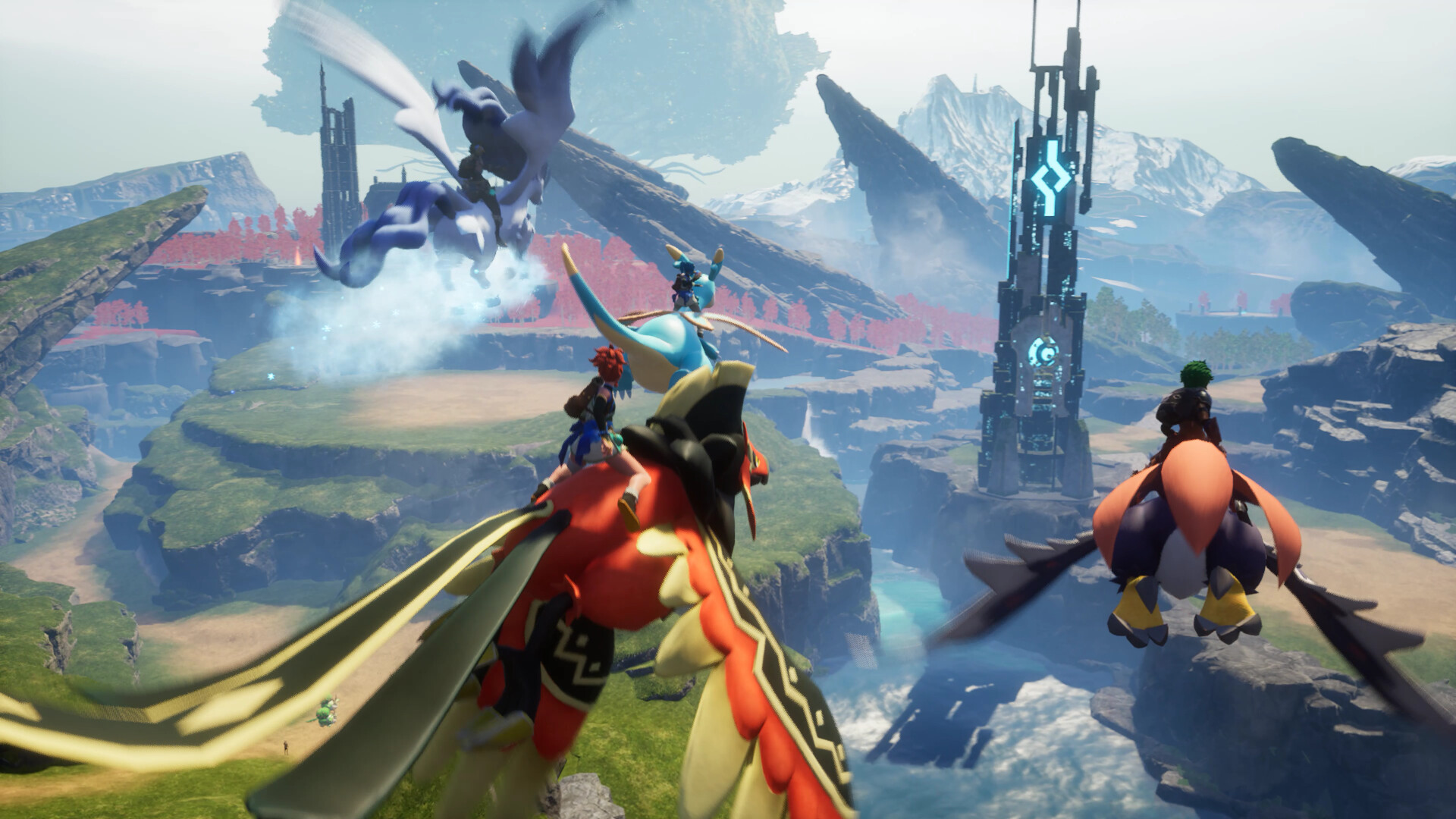 Palworld players on flying mounts approaching a tower boss