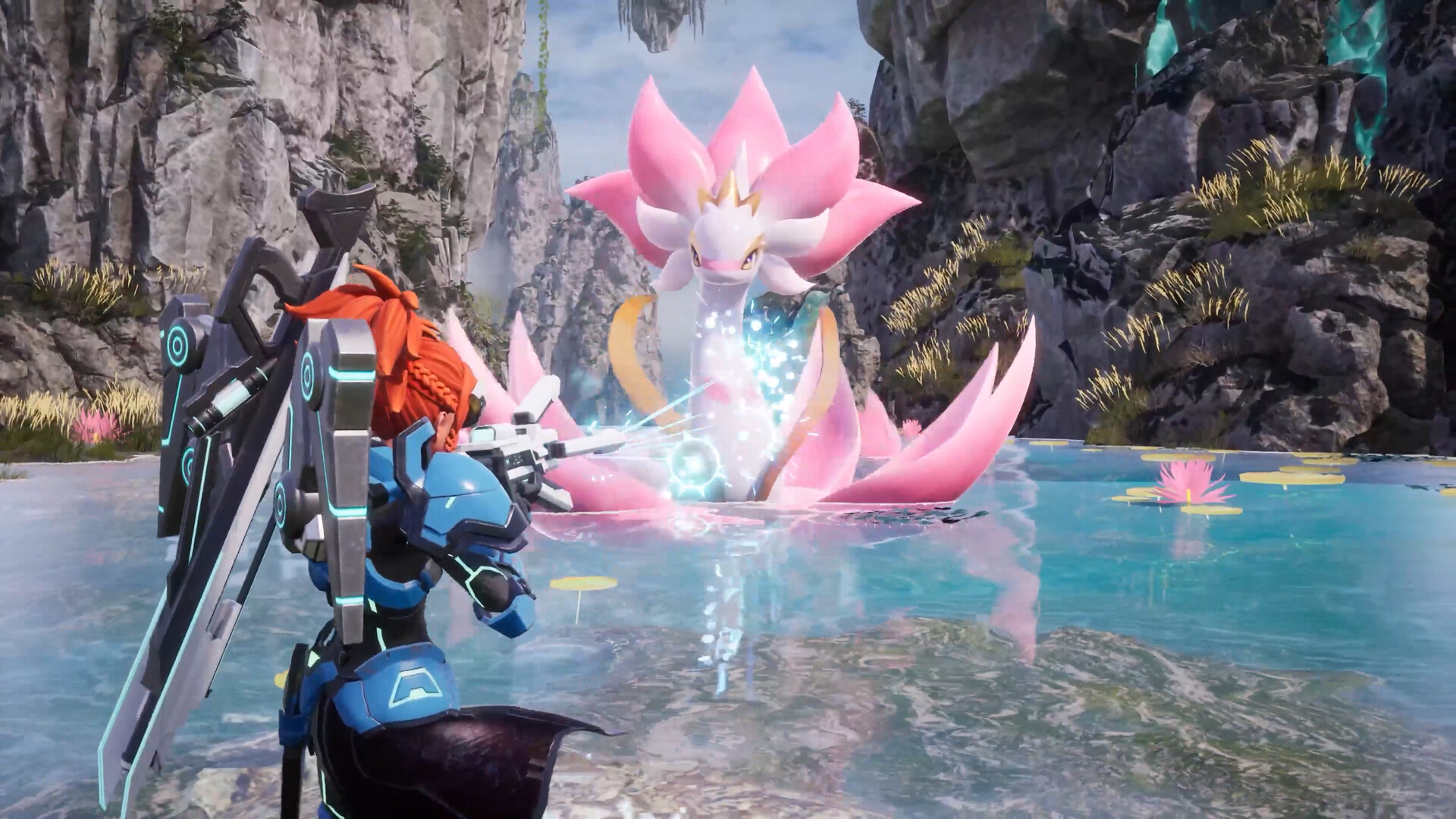 Palworld player fighting a boss with a rifle while the team supports