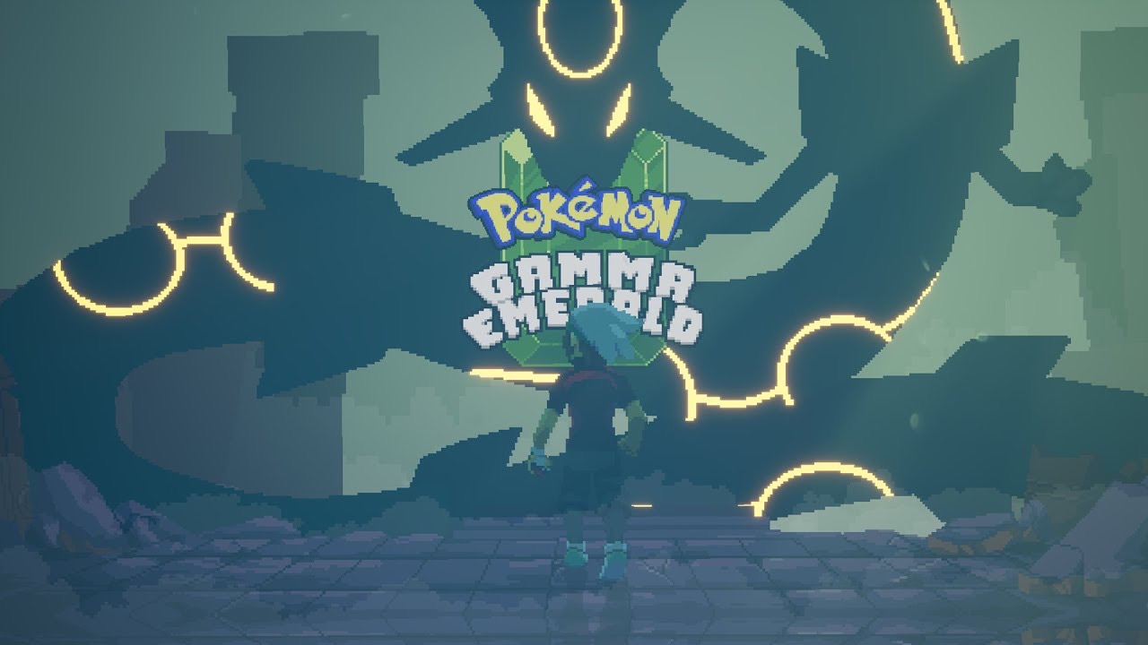 Pokemon Gamma Emerald trailer scene showing the Rayquaza mural