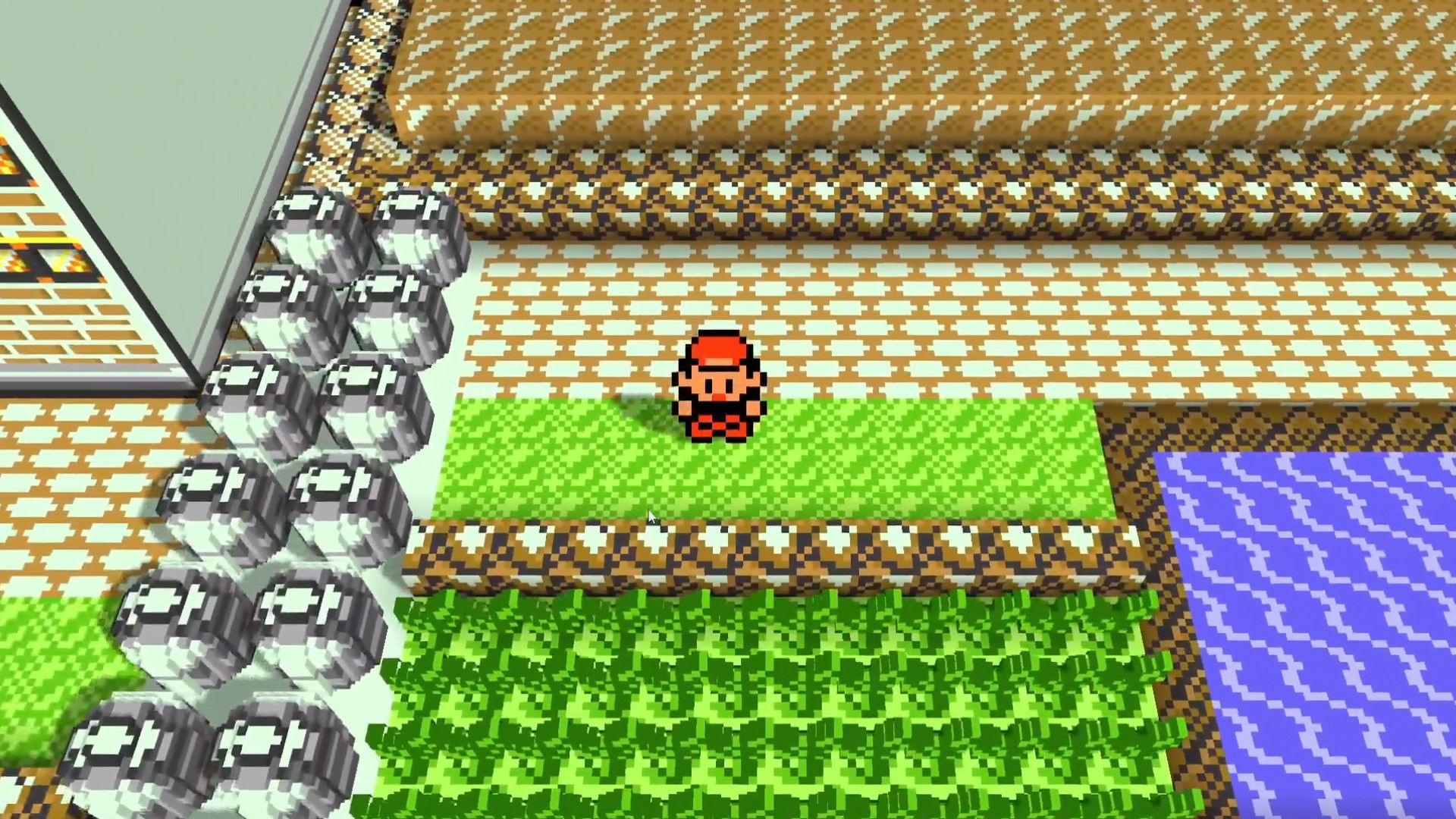 Pokemon Gold overworld rendered with Gen 2 voxel 3D visuals and a 2D player sprite