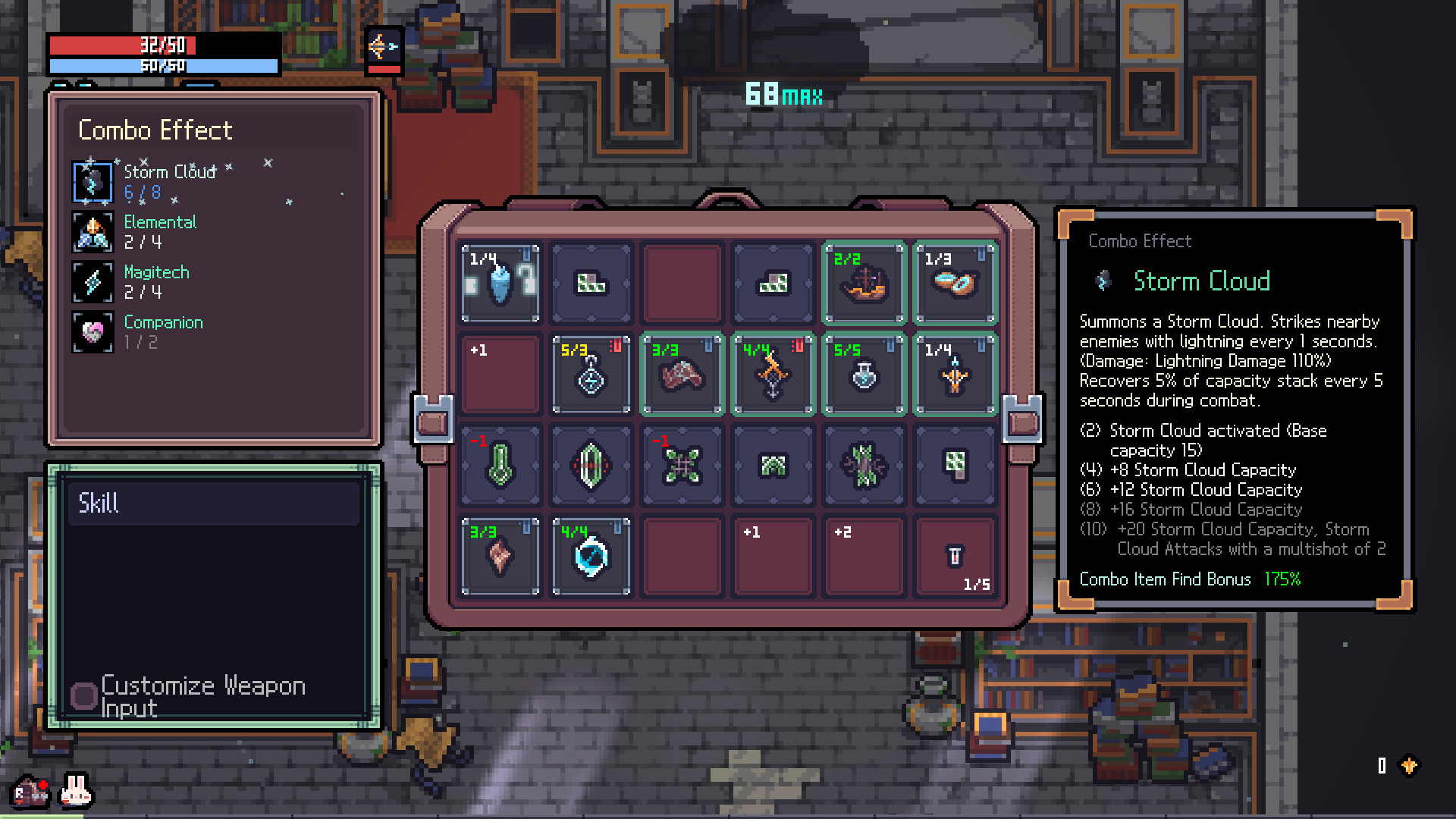 Sephiria inventory grid with tablets and Storm Cloud combo effect