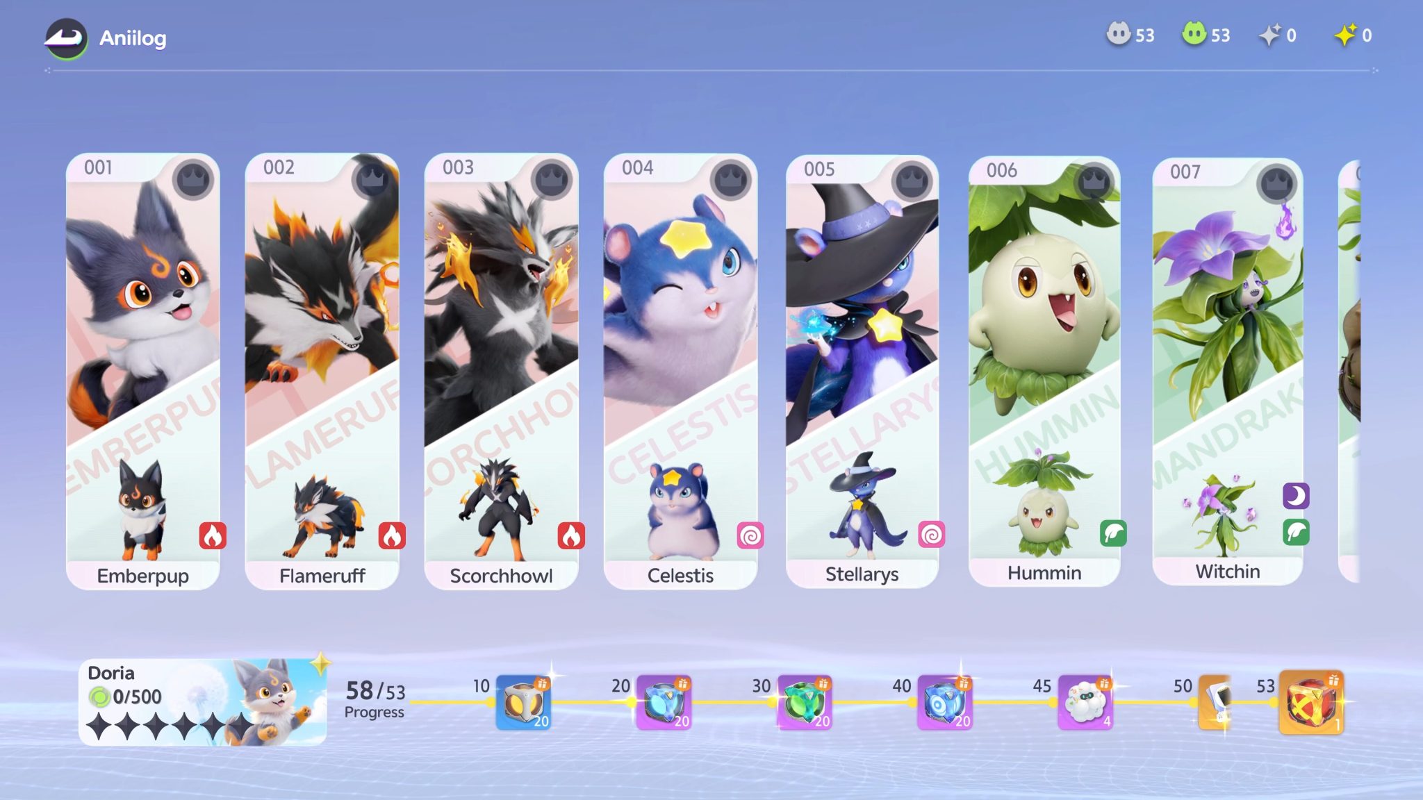Aniimo Aniilog showing creature entries and form records