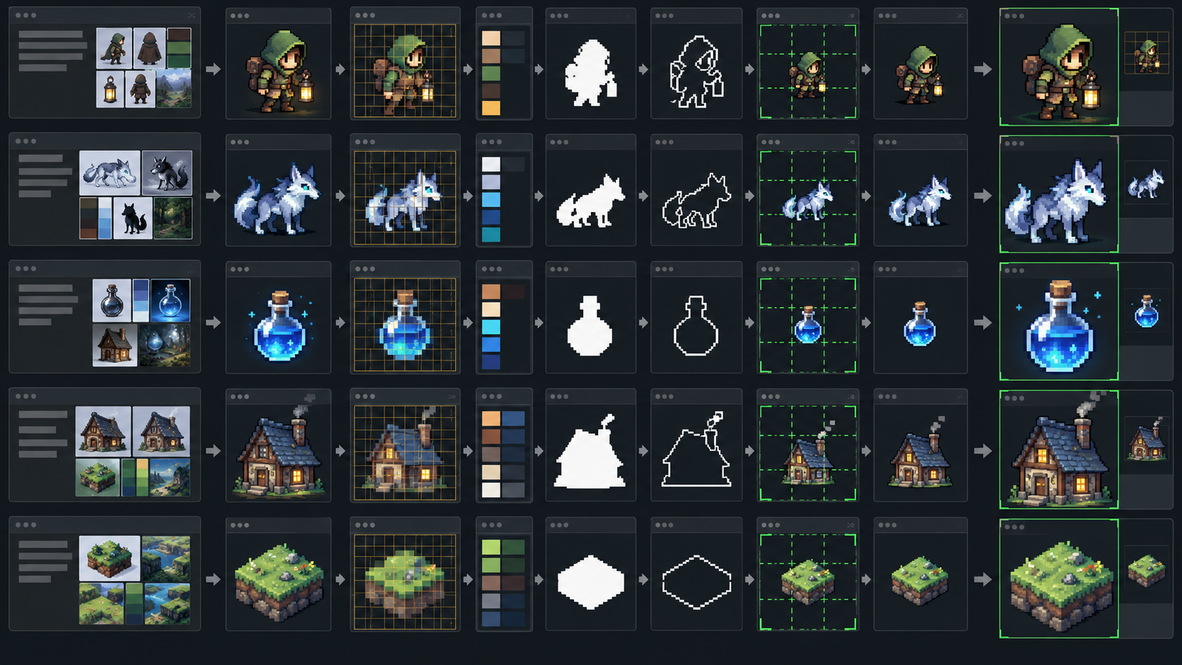 Game-specific pixel-art pipeline with references, grid recovery, cleanup, and scaled previews