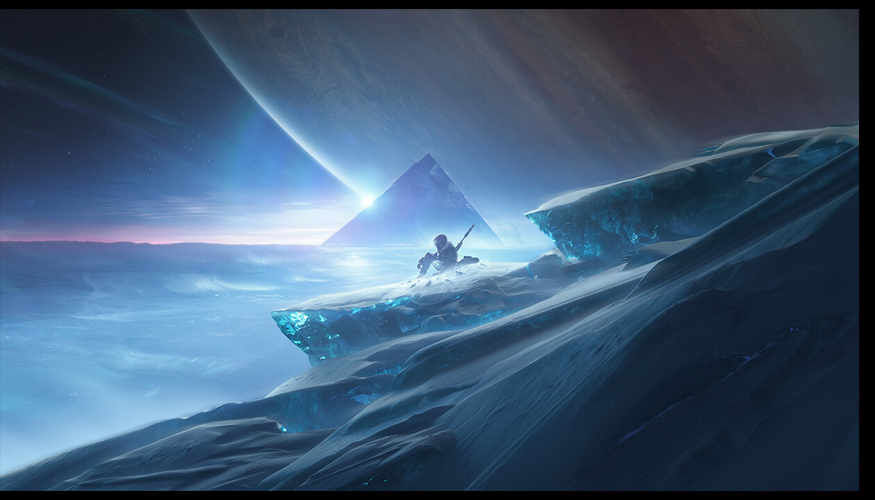 Destiny 2 Beyond Light Europa key art showing a Guardian crossing ice