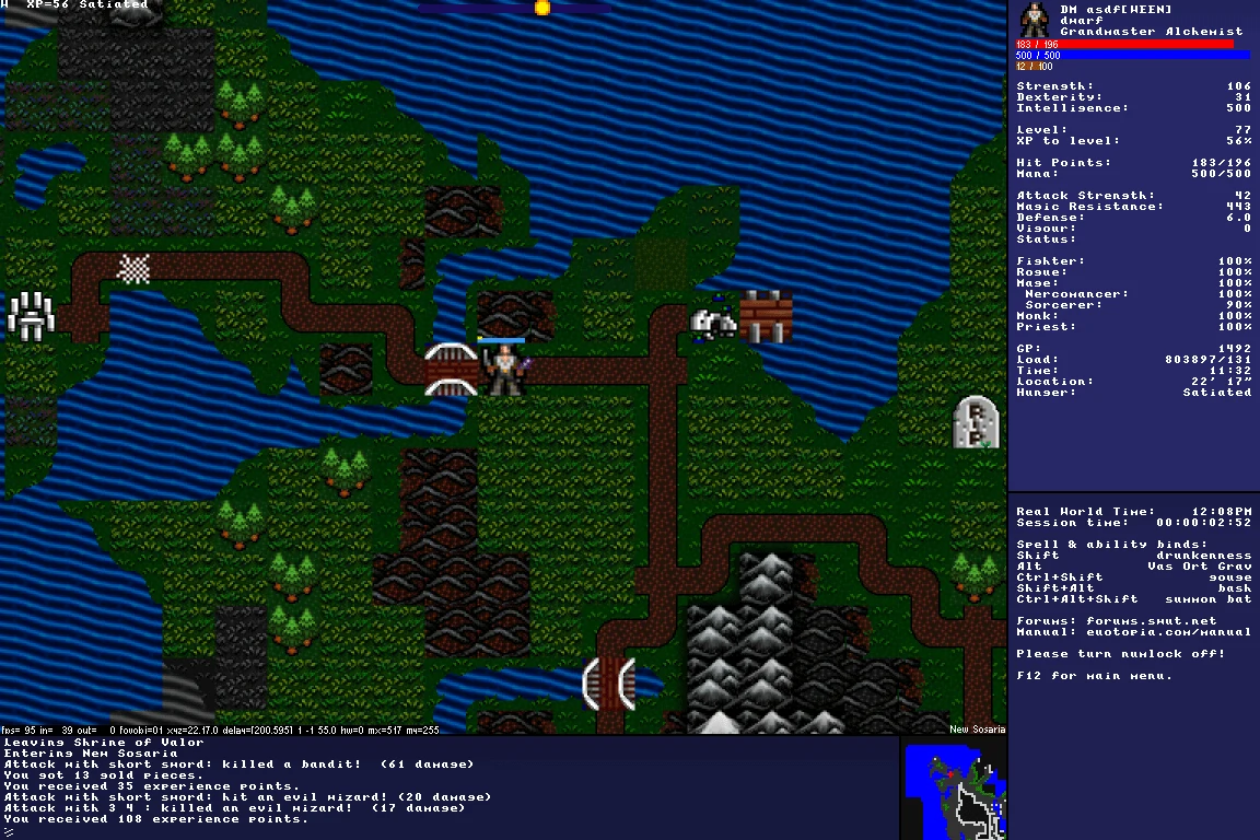 EUO Euotopia gameplay showing its expanded early Ultima-inspired tile world