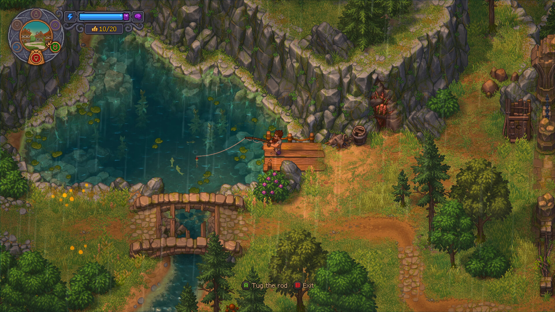 Graveyard Keeper 2 demo fishing at a forest pond