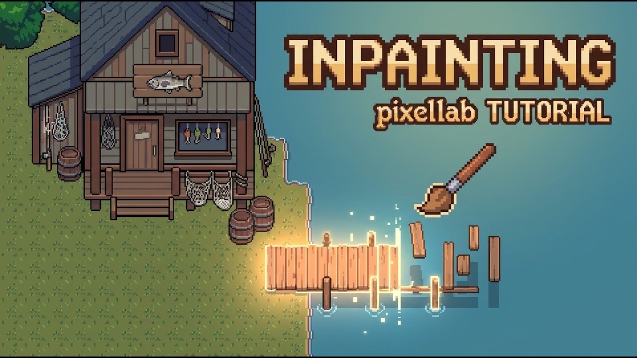 PixelLab inpainting tutorial with a pixel-art building and dock
