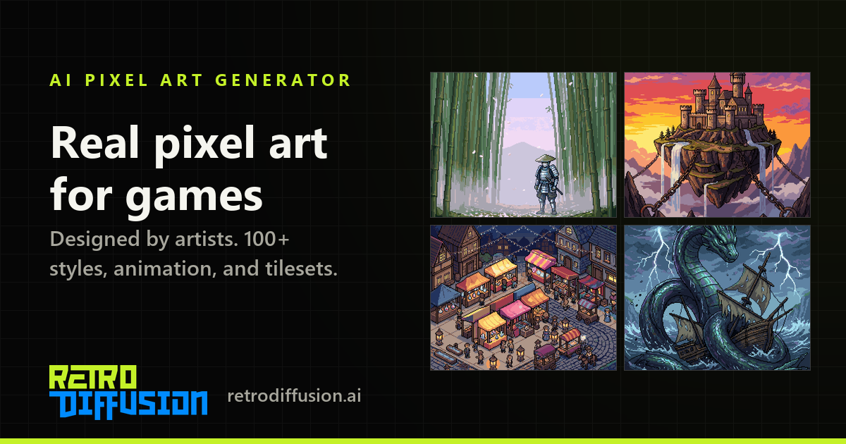 Retro Diffusion pixel-art examples with a forest, castle, town, and sea monster