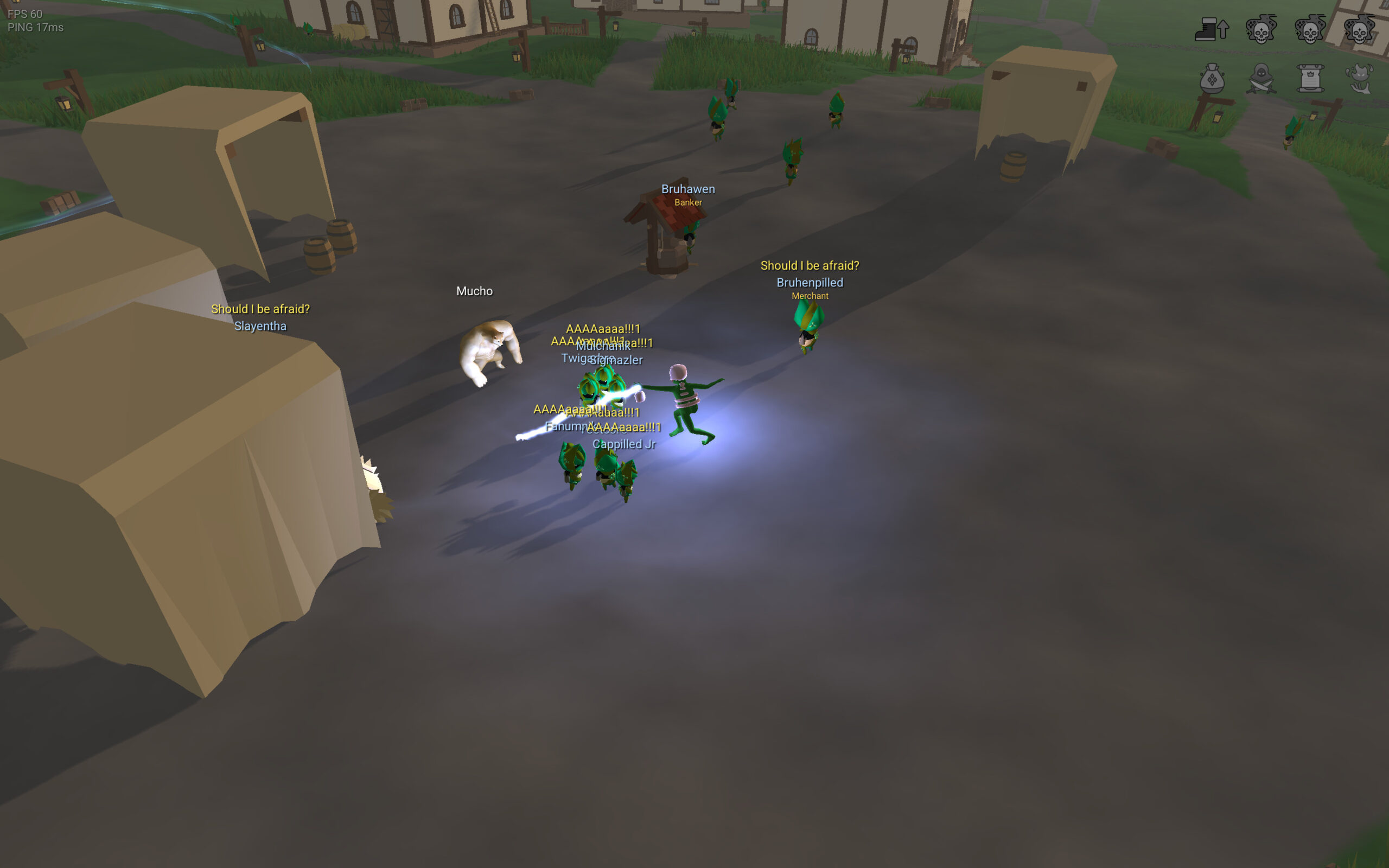 Slopa players gathered in a shared village