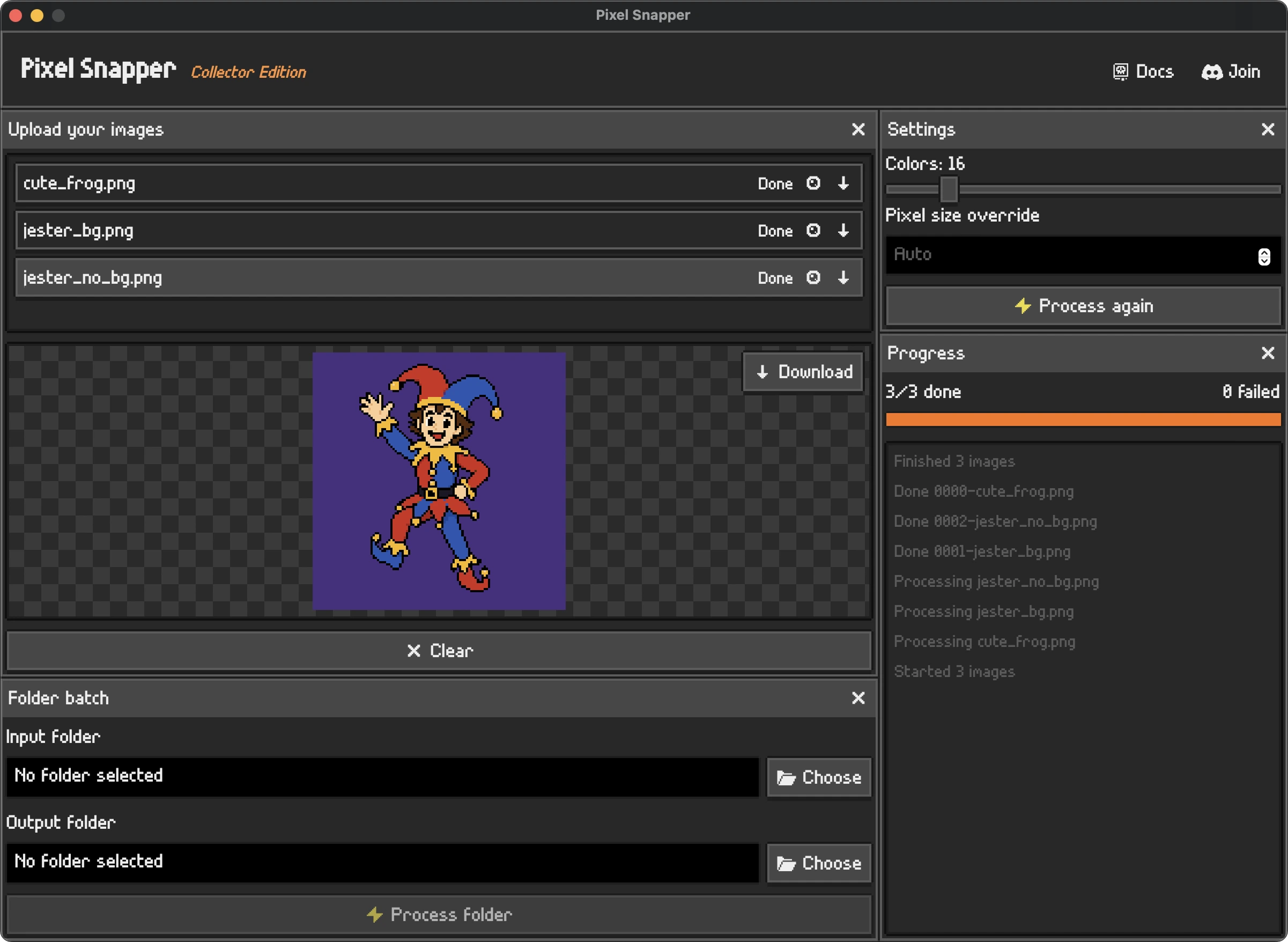 Sprite Fusion Pixel Snapper desktop interface with batch cleanup and palette controls