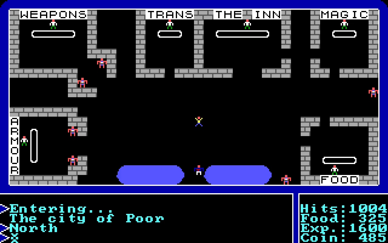 Ultima I PC gameplay showing its colorful tile map and command panel