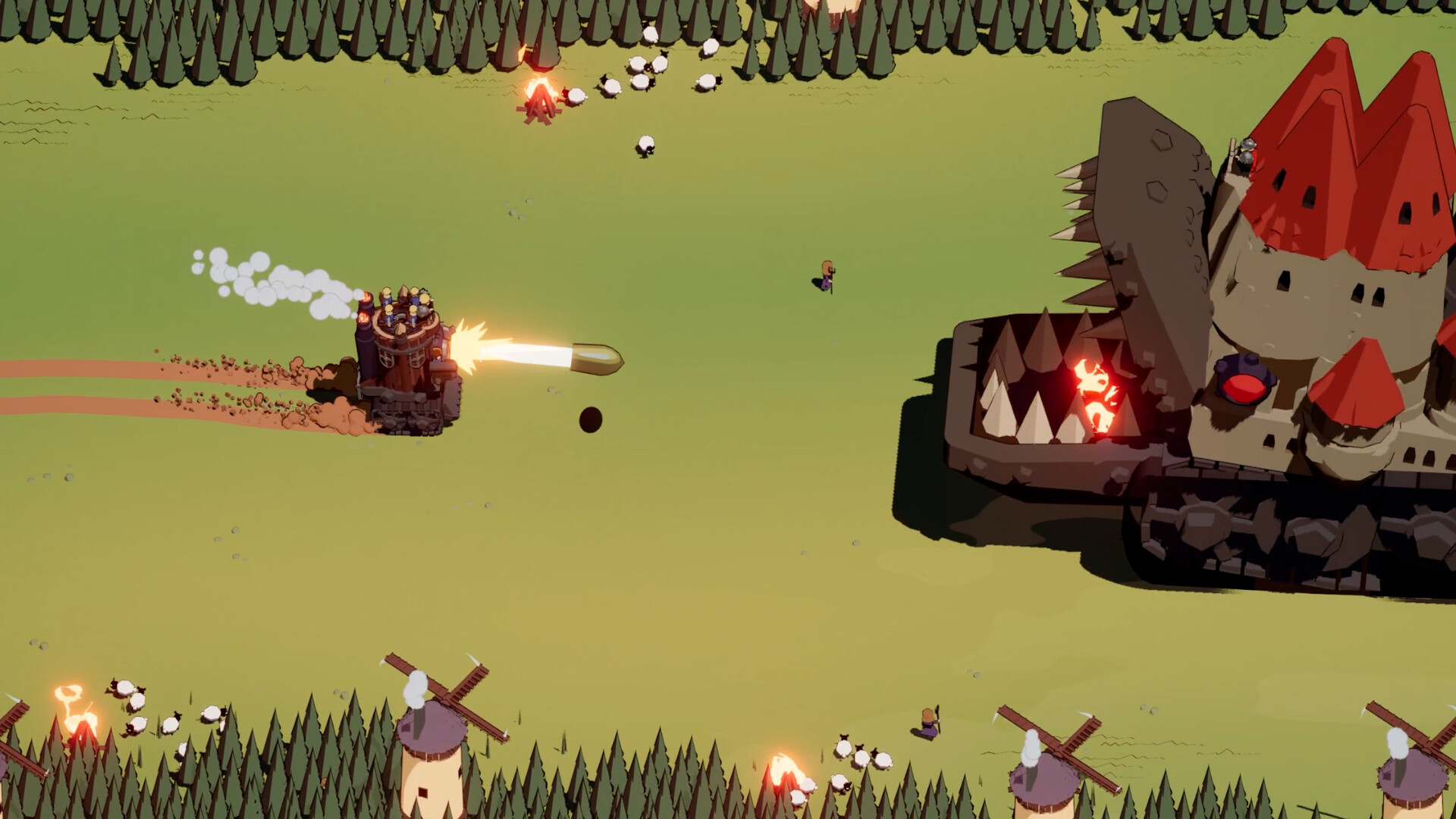 A front cannon fires at a large enemy fortress in Wanderburg