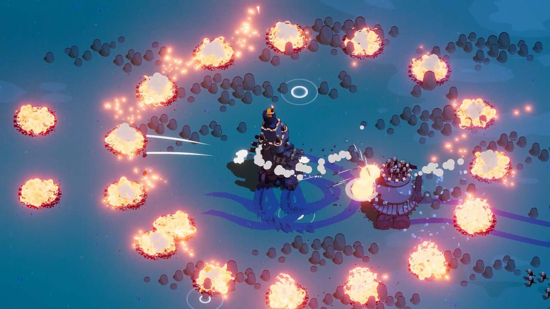 A Wanderburg fortress fights inside a ring of fiery explosions