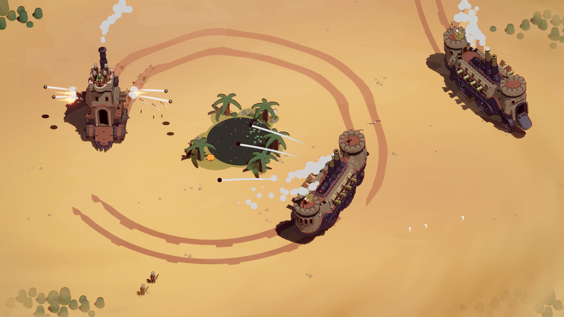 Three rolling fortresses fight across the Golden Dunes in Wanderburg