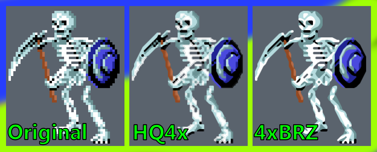 Original pixel-art skeleton compared with HQ4x and 4x xBRZ scaling