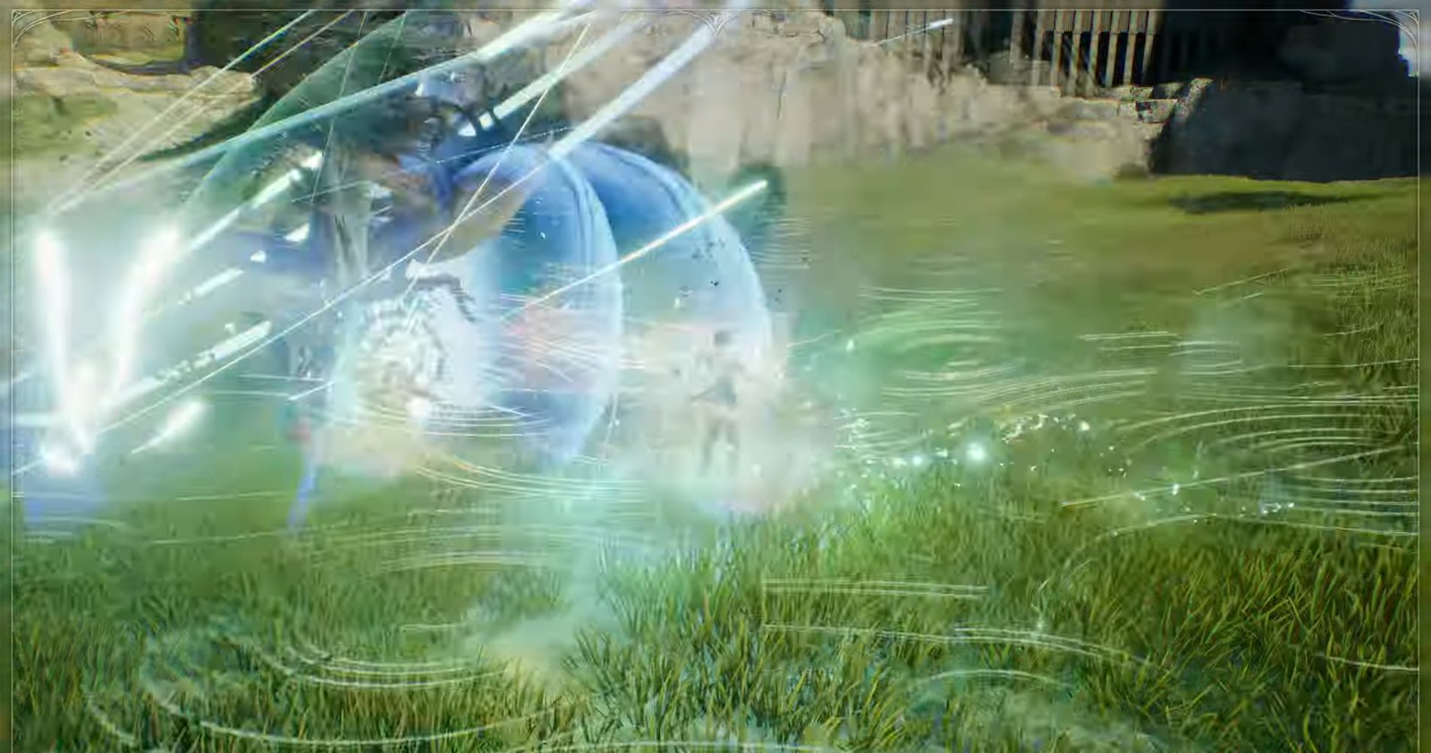 Aion 2 Cleric class inside a protective light shield on a grass field