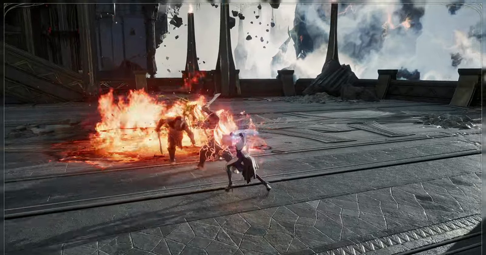Aion 2 Sorcerer class casting a fire spell at enemies on a stone floor