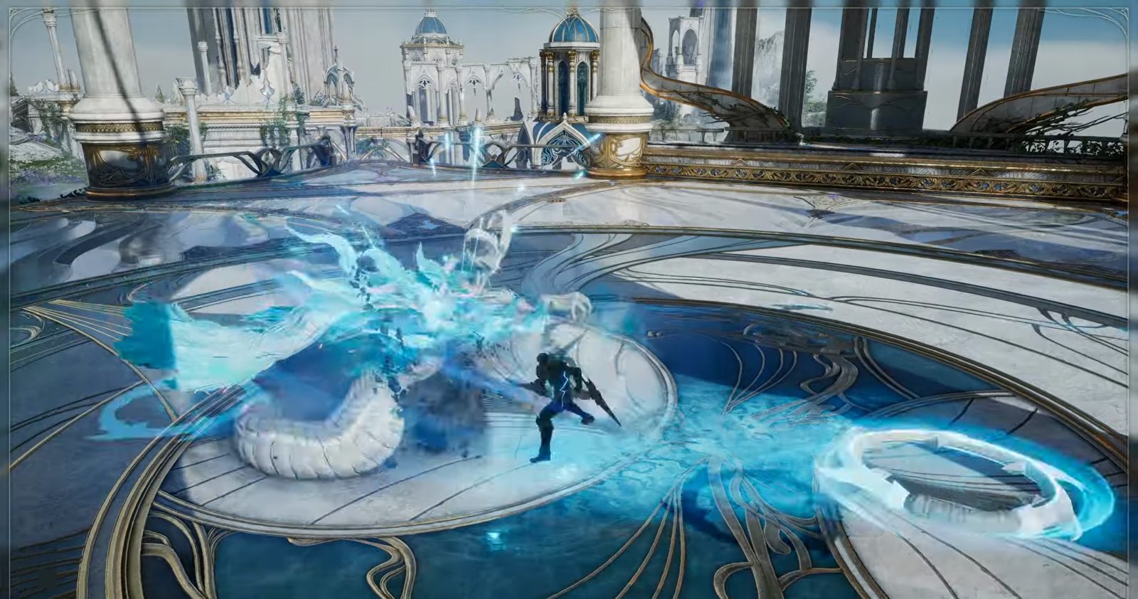 Aion 2 Templar class with longsword and shield fighting on a stone plaza