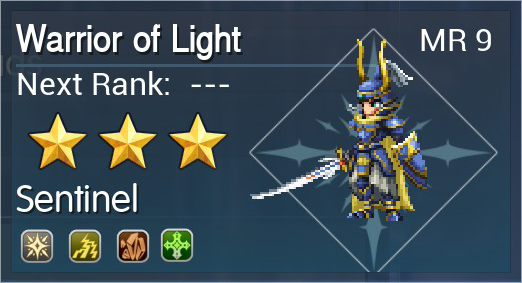 Warrior of Light Vision menu with the Sentinel role, MR 9 and three awakening stars